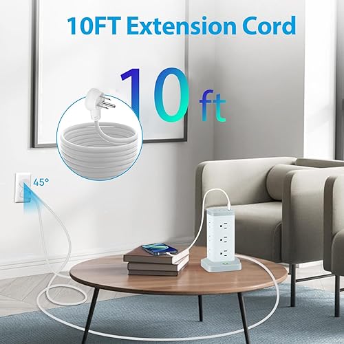 Miniatura 4 de Torre de regleta con puertos USB, torre protectora de sobretensiones 16 en 1, 12 puertos AC y 4USB, cable de extensión de 10 pies con múltiples