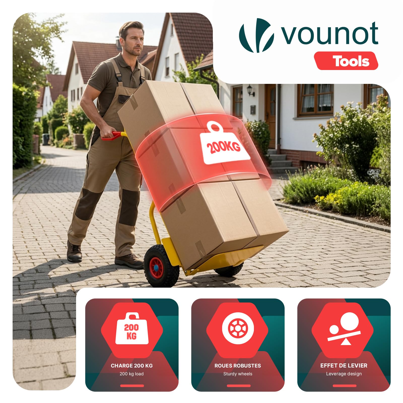 VOUNOT® Diable Pliable Charge Max. 200 kg Structure Renforcée Chariot de Manutention avec Roues Pneumatiques Diable de Transport avec Poignées Ergonomiques pour Déménagement Livraison Entrepôt Jaune