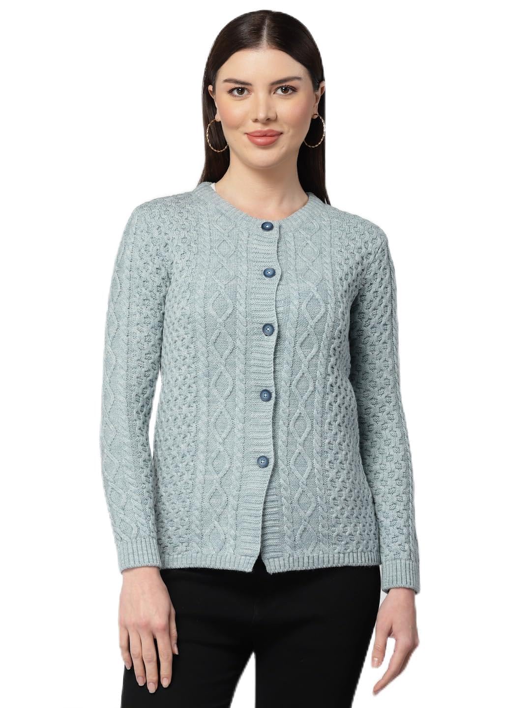 Kalt Women Sweater for Winters Woolen Acrylic Full Sleeve Round Neck Cable Design Cardigan Sweater for Women Winter Woollen Stylish