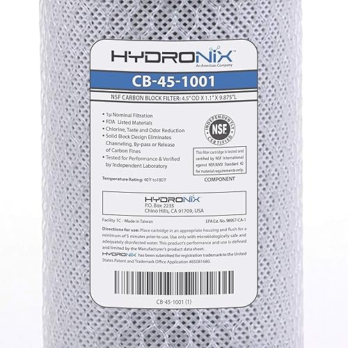 Miniatura 5 de Hydronix CB-45-1001 Filtro de agua de bloque de carbono RO NSF para toda la casa, 4.5 x 10 pulgadas, 1 micrón, paquete de 3