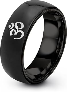 Om Symbol Ring - Gift for Wrestling Fan - Flat Dome Bevel - 8mm - Brushed Polished - Men Women - Tungsten - Personalized Custom Engraving - Anniversary Wedding - Band - Black Yellow Gold Silver