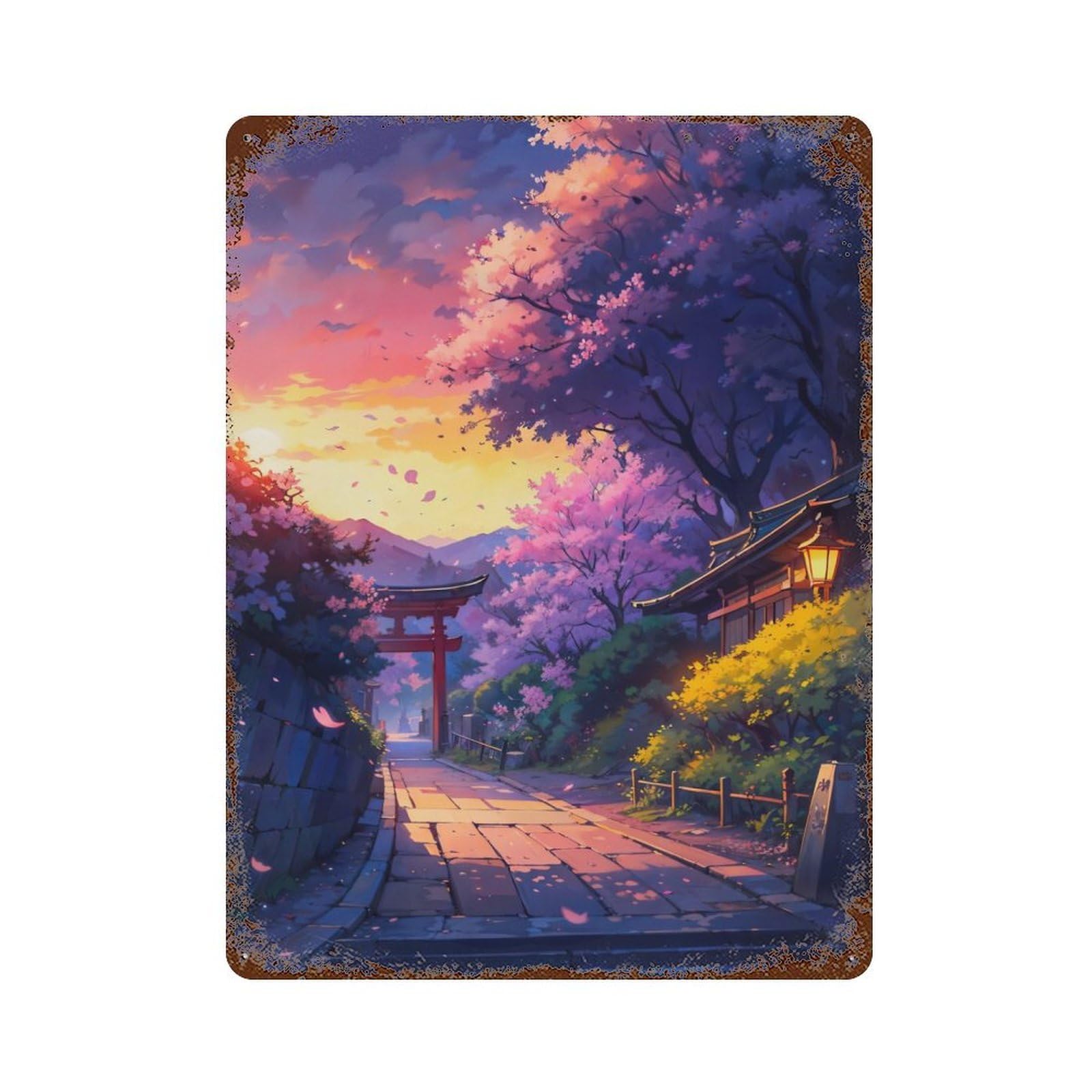 Sunset Torii Gate Vintage Wall Sign 15.7"x11.8", Rust Effect Metal Decor for Patio, Garden Room And Bar Decor