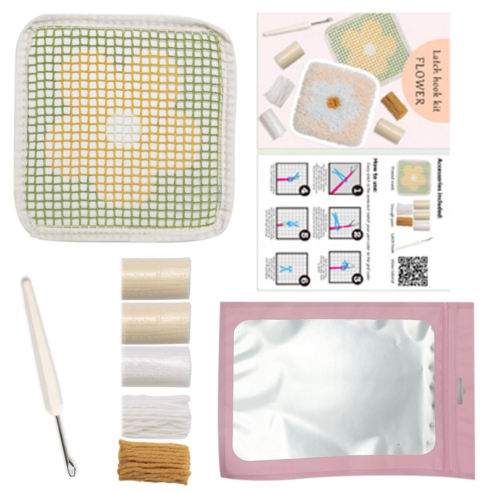 NEWFT Latched Hook Coasters Kits Flower Coasters Making Kits Crochet Embroidery Latched Hook for Adults Making Flower Craft