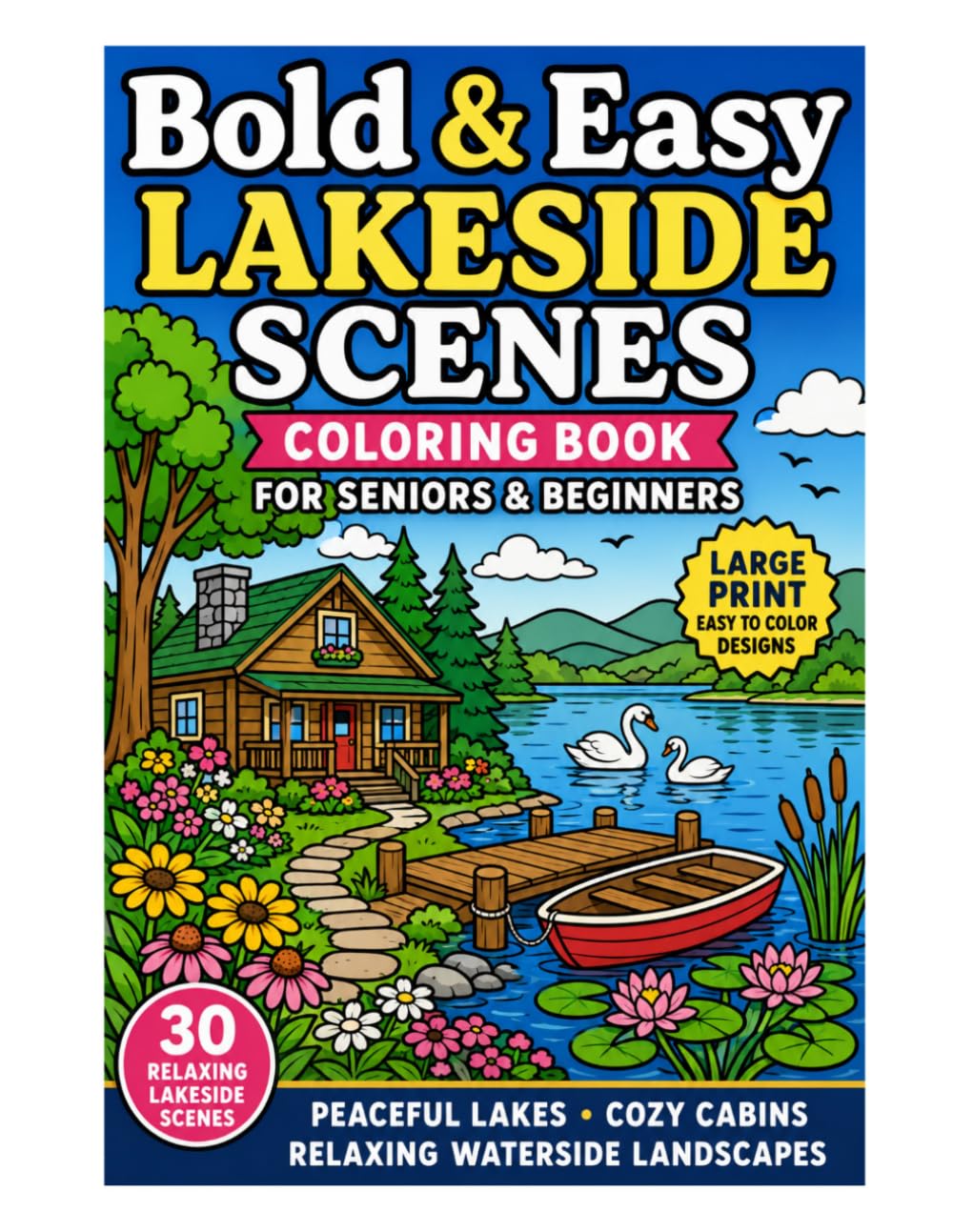 Bold & Easy Lakeside Scenes Coloring Book for Seniors & Beginners: Large Print Peaceful Lakes, Cozy Cabins & Relaxing Waterside Landscapes with Bold and Simple Designs