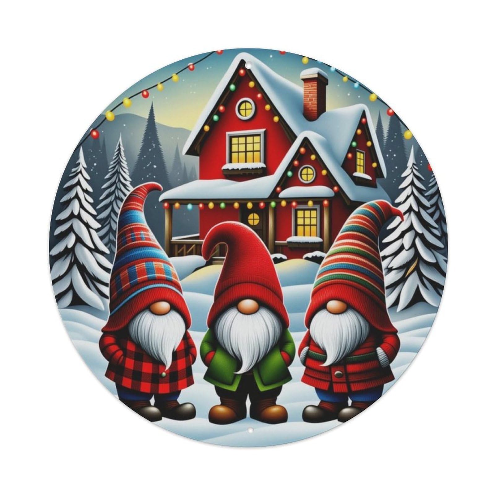 Winter Christmas Gnome House Round Decor Sign Vintage Aluminium Metal Sign, Retro Wall Decor for Home, Bar, Garage & Farmhouse 20x20cm