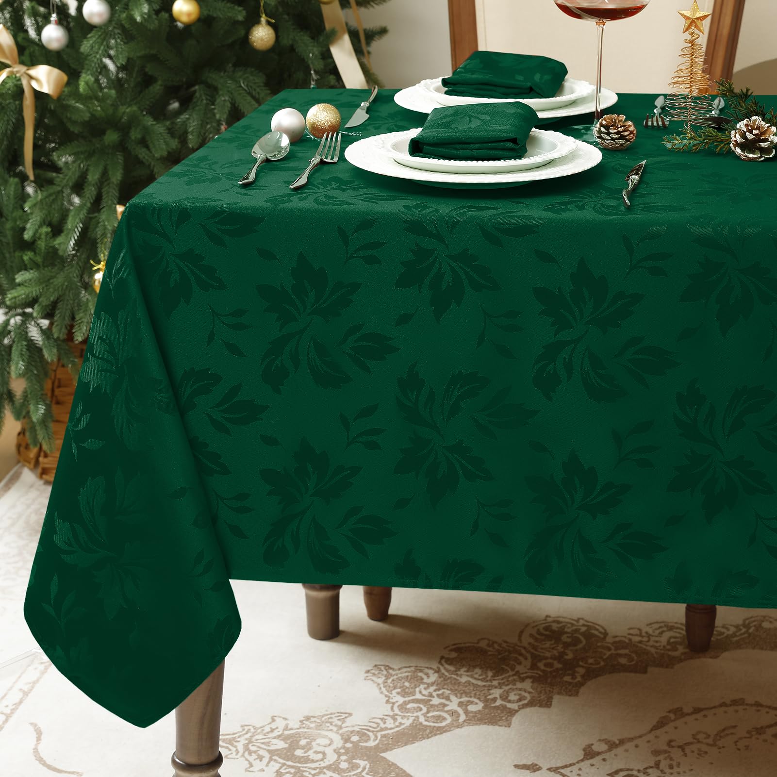 Romanstile Green Christmas Table Cloth Rectangular 140x240 cm (55x94 inch),Water-Repellent & Wipe Clean,Vintage Floral Jacquard Fabric,Xmas Tablecloth for Holiday Meals,Christmas Dinner,New Year Party — image 1