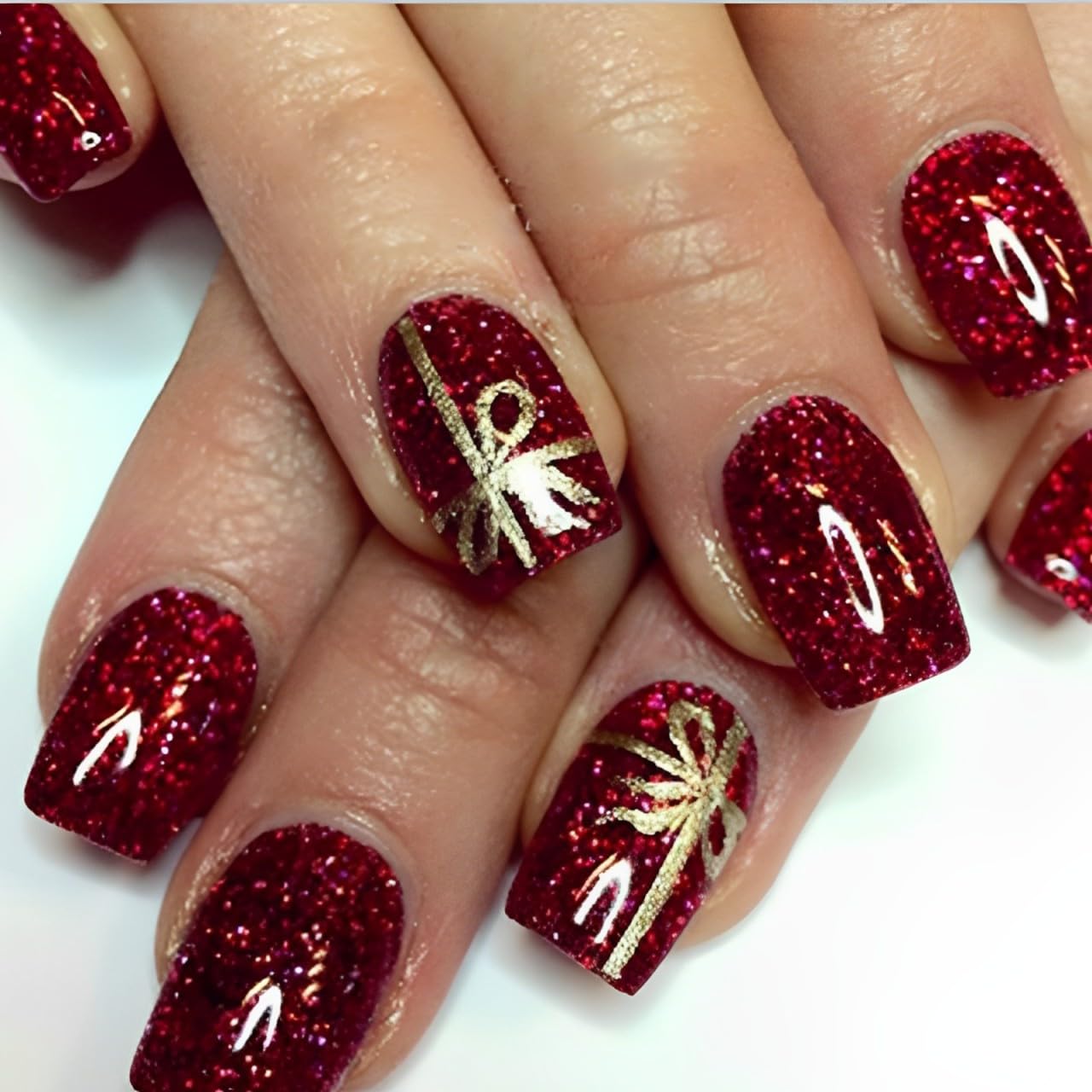 Christmas Press-On Nails with Gold Bow