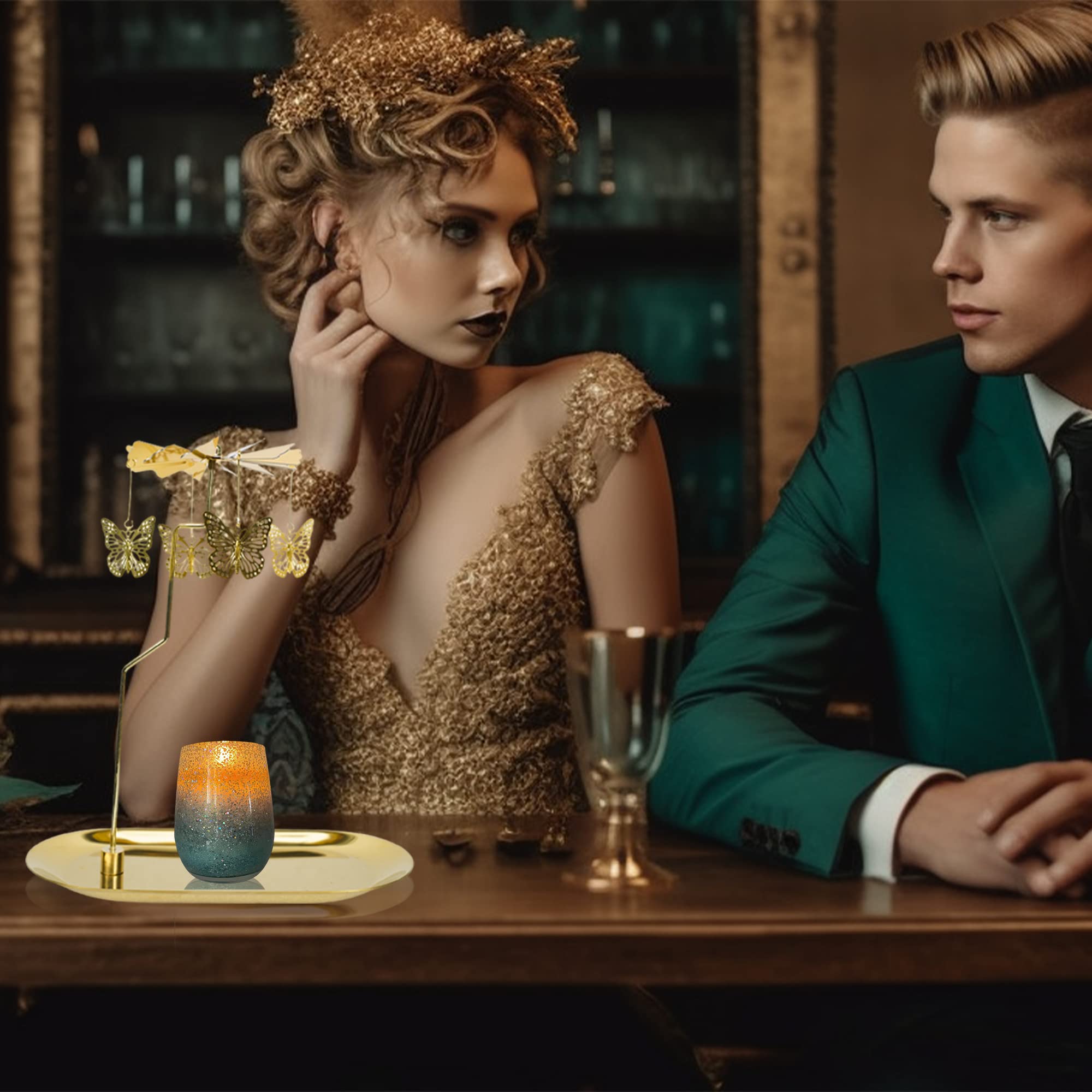 Rotary Candle Holder Butterfly Gold Metal Spinning Tea Lights Candle Holder, Romantic Scandinavian Designed Candlestick Ornament for Wedding Party Christmas Festival Home Decor?Butterfly