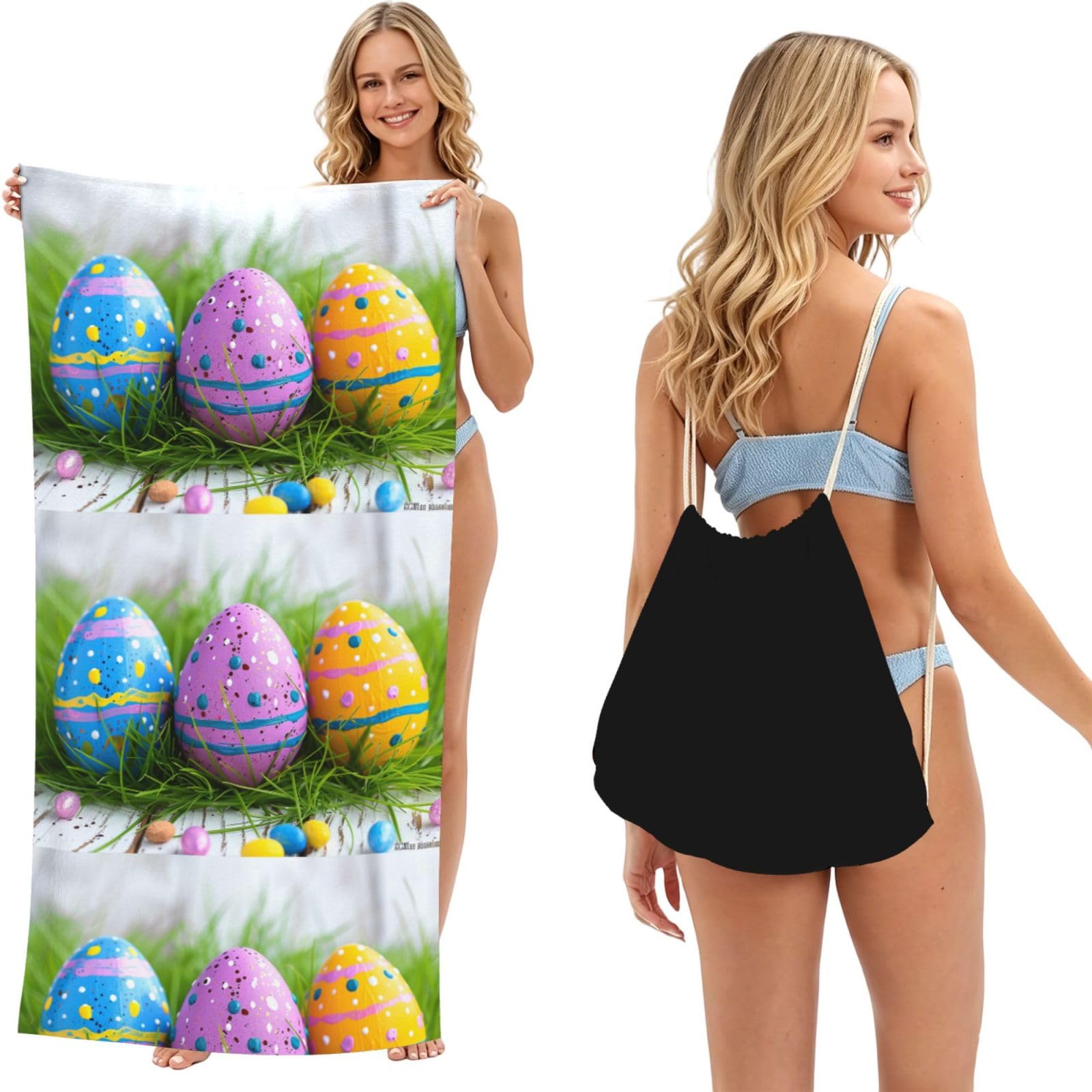SKGOHLH Three Easter eggs 2in1 Packable Beach Towel Bag Women