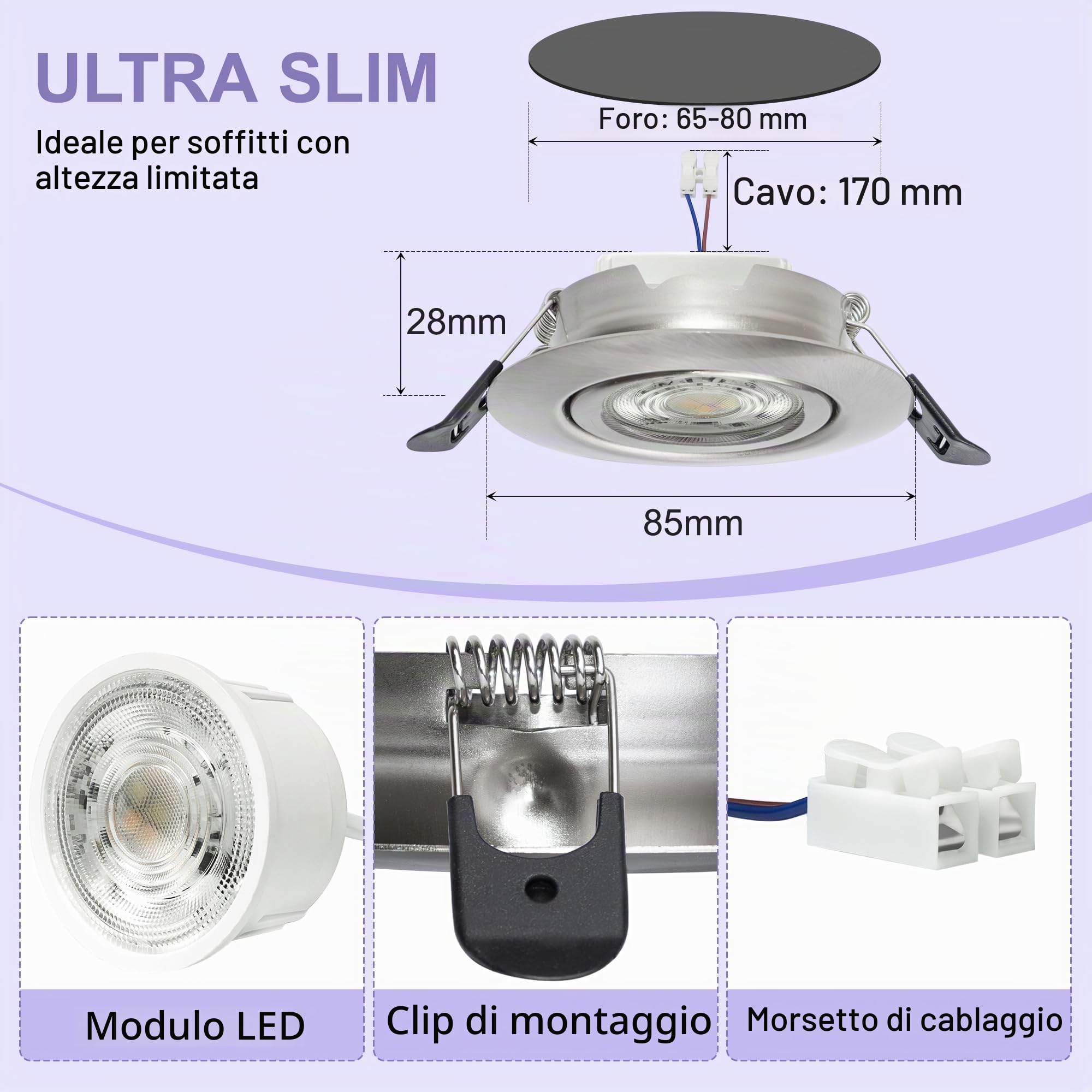 Faretti LED da Incasso per Cartongesso Dimmerabile 230V, 5.5W 600LM IP44 Faretto Incasso Ultra Piatti 68mm, Caldo/Neutro/Freddo Faretti LED Soffitto Ruotabile a 45° per Bagno, Set di 6 Nichel