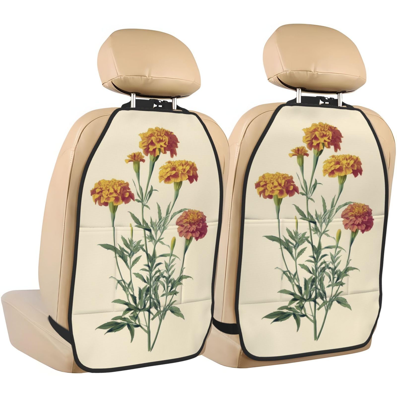 Vintage Botanical Marigold Flowers Car Seat Back Kick Protectors,2 Pack Kick Mats With Storage Pockets For Vehicles To Protect From Dirt Mud Scratches