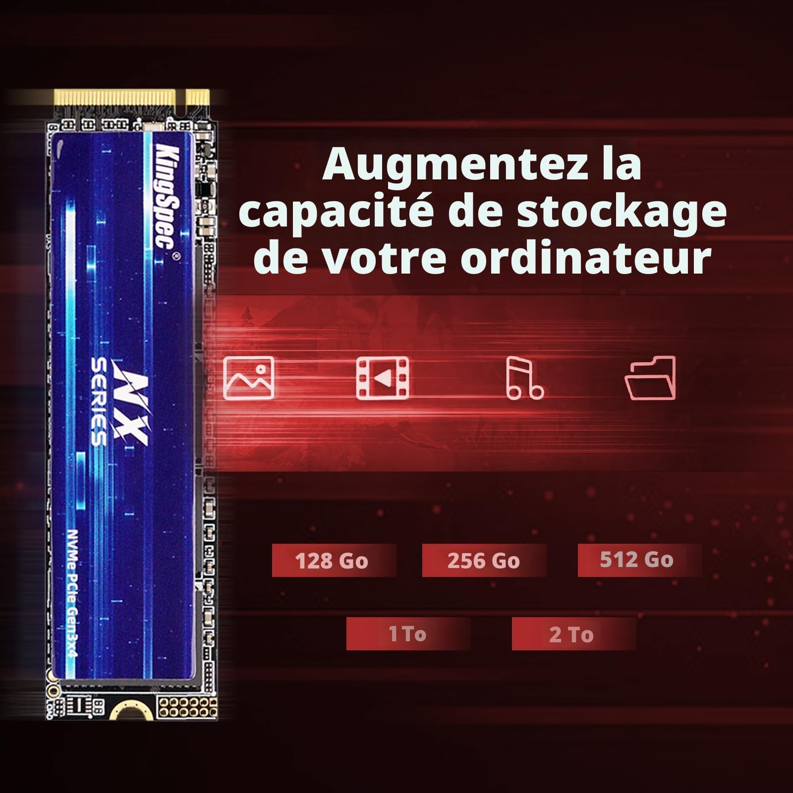 KingSpec 1To SSD M.2 NVMe 2280, PCIe Gen 3x4 NVMe SSD, Jusqu'à 3500 Mo/s, 3D NAND Flash Disque SSD Interne, pour Ordinateur de Bureau et Ordinateur Portable
