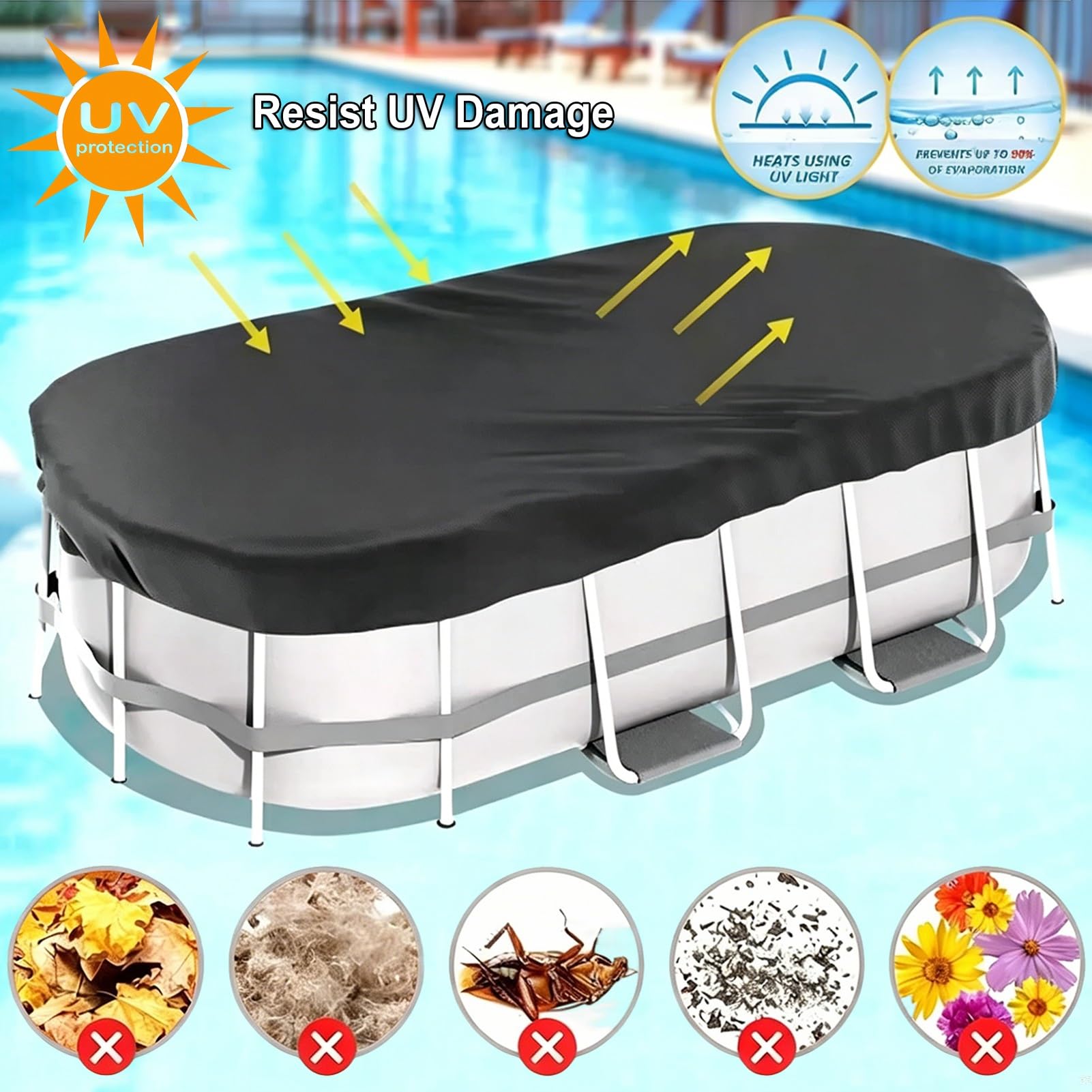 Cubierta Ovalada para Piscinas sobre el Suelo,420D Oxford,Protector Solar Resistente contra el Polvo con Accesorios Lona Piscina para Marco de Metal Ovalado y Piscinas Inflables