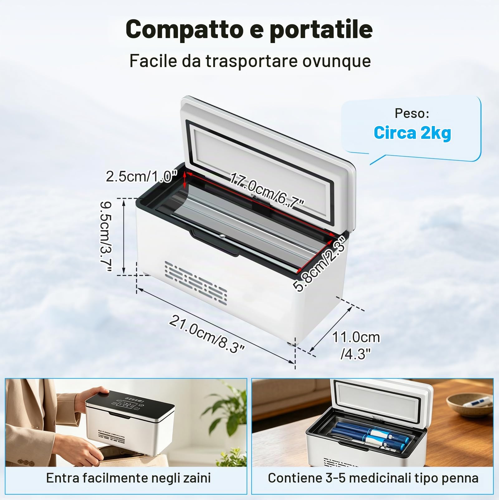 Mini Frigorifero per Insulina, Frigorifero Portatile per Medicinali, Refrigeratore per Insulina, Temperatura Regolabile 2-8°c, con Doppia Batteria da 10200 mAh per Uso Domestico, Viaggio e Auto