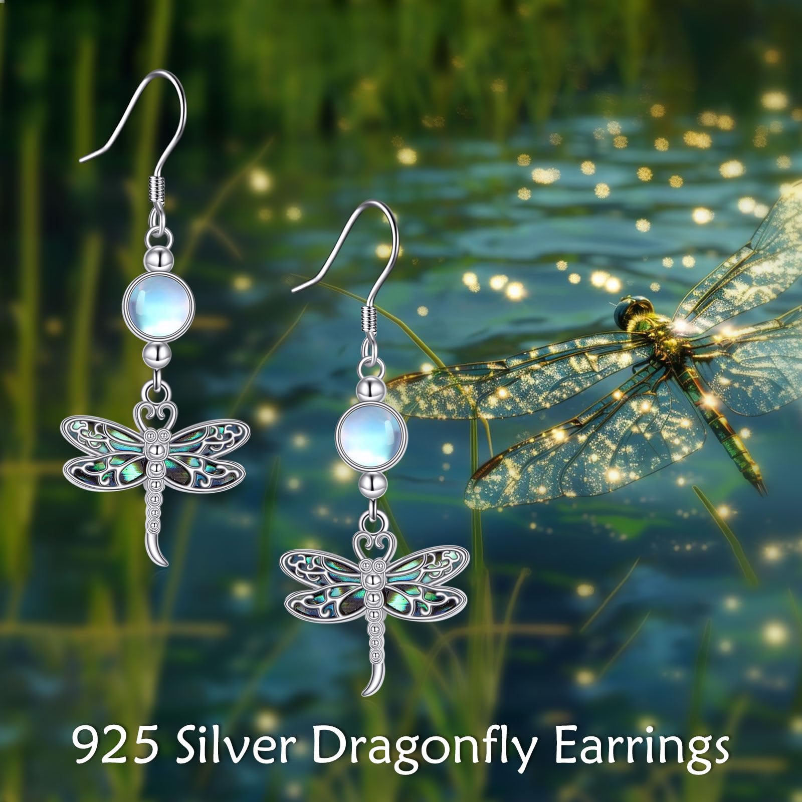 Pendientes de libélula AXELUNA de plata de ley 925 con piedra lunar para mujer, aretes colgantes de libélula estilo boho para mujer