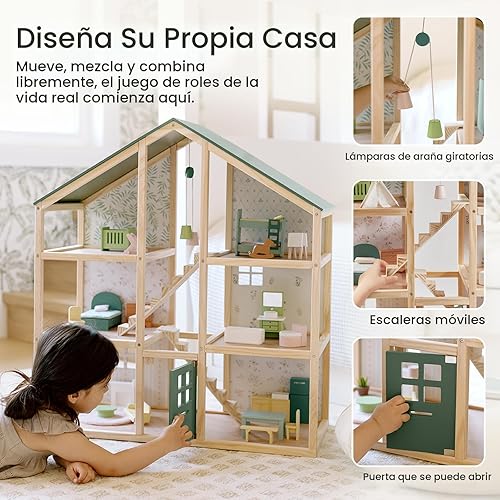 Miniatura 7 de Tiny Land Casa de Muñecas de Madera para Niñas - Casa de Muñecas de Madera de 6 Habitaciones, Casa de Muñecas DIY de Bricolaje con 31 Piezas