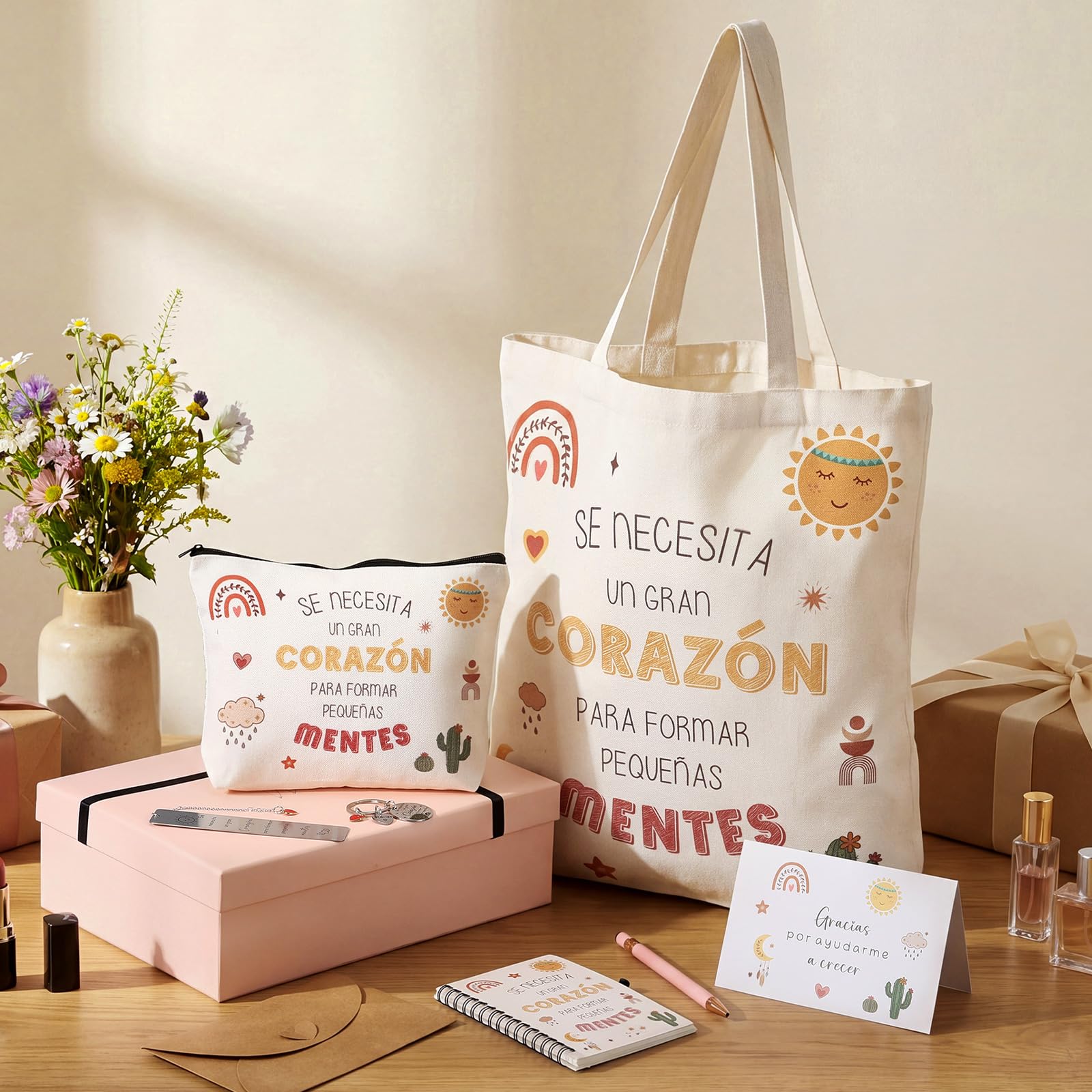 BBTO Set de 7 Piezas Regalo de Agradecimiento para Maestra Bolsa de Compras Neceser de Maquillaje Cuaderno Bolígrafo Llavero Marcapáginas Tarjeta Sobre Regalo para Profesore Graduación Fin de Curso