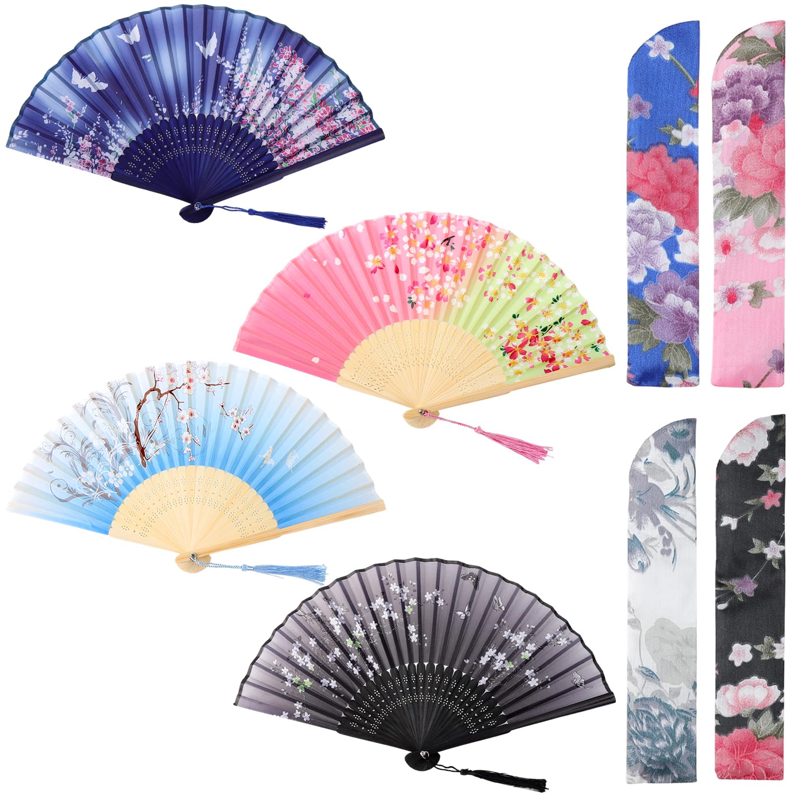 loghohu 4Pcs Folding Hand Fan Handheld Paper Fan with Fabric Sleeve Foldable Chinese Fan Decorative Bamboo Silk Handfans for Summer Cooling Gifts Party Dancing Wedding Home Decoration