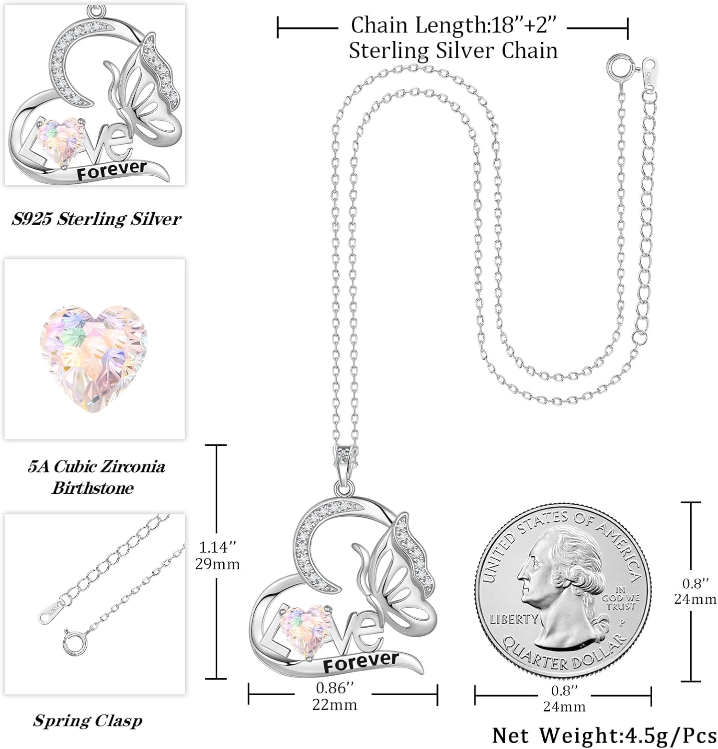 Aurora Tears Birthstone Love Heart Butterfly Pendant Necklace - 925 Sterling Silver Firework-Cut Cubic Zirconia Love Forever Necklace Anniversary Birthday Jewelry Gift for Women Wife Mom Daughter - Image 4