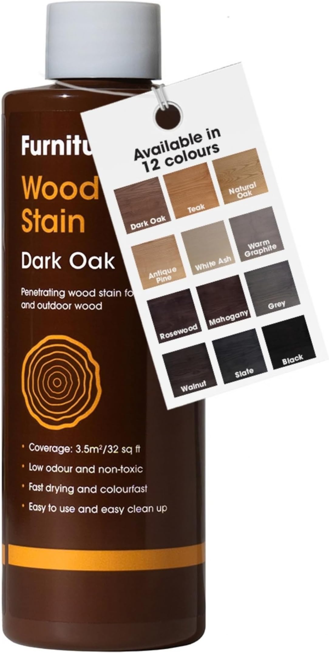 Furniture Clinic Wood Stain (Dark Oak) – Fast Drying, Highly Concentrated, and Easy-to-Apply Wood Stain for All Indoor & Outdoor Wood – Water Based & Non-Toxic – 250ml