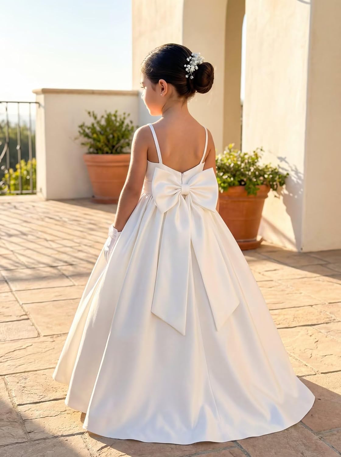 Satin Long Flower Girl Dresses for Wedding Backless Princess Pageant Dress Spaghetti Straps Girls Formal Dresses