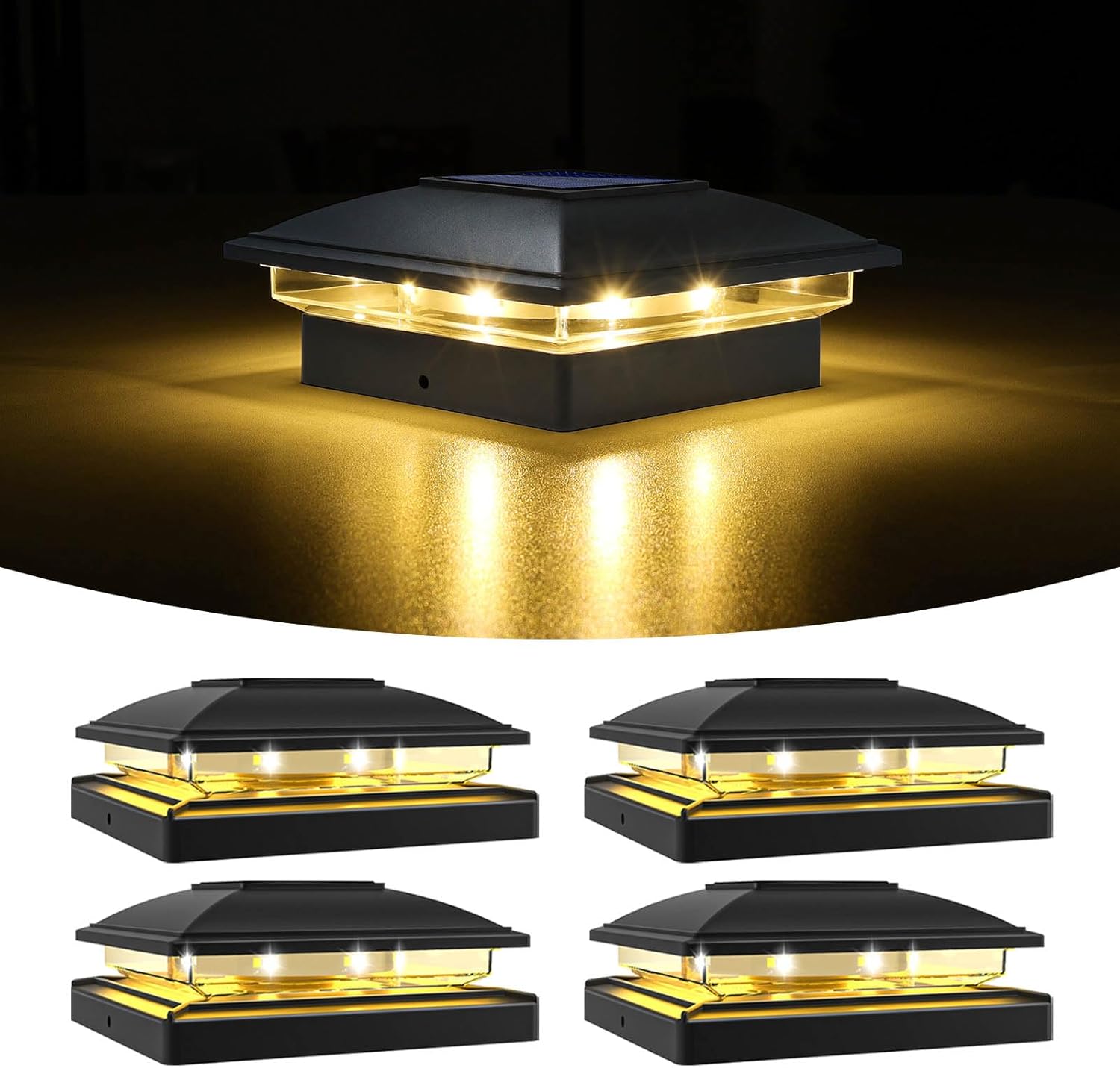 VOLISUN Solar Post Cap Light Outdoor Waterproof 4pack,Solar Fence - Post Lights for 4x4 5x5 6x6 Wooden/Vinyl Post,Black Deck Post Cap Light Solar Powered with Warm White for Garden/Patio/Porch Black 4 Pack