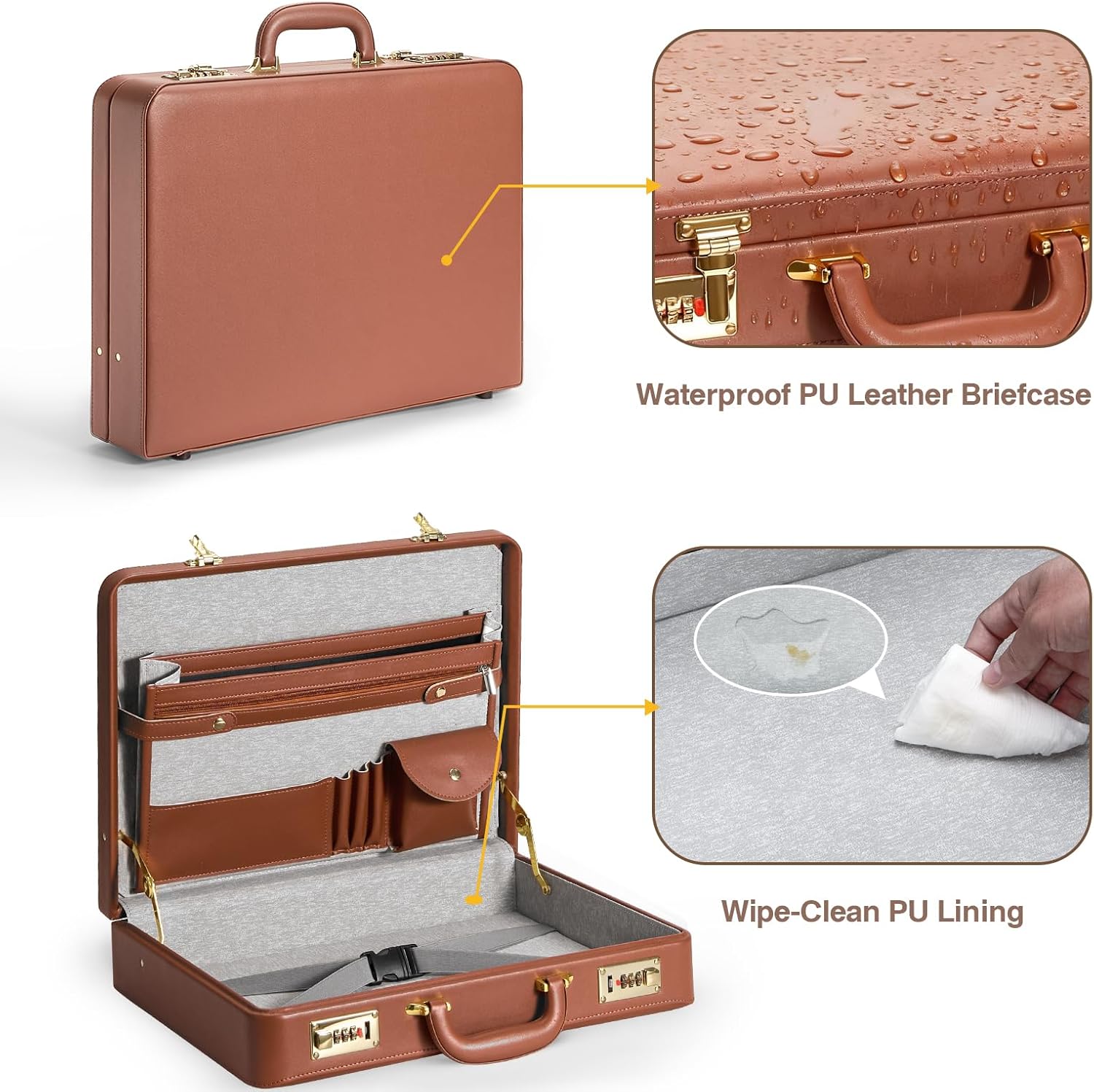 Briefcases for Men, Anti-Theft Dual Lock Briefcase with 16 Inch Laptop Compartment, Waterproof Faux Leather, Brief Cases Men with Multi File Organizer, Perfect for Office, Travel (Brown) - Image 6