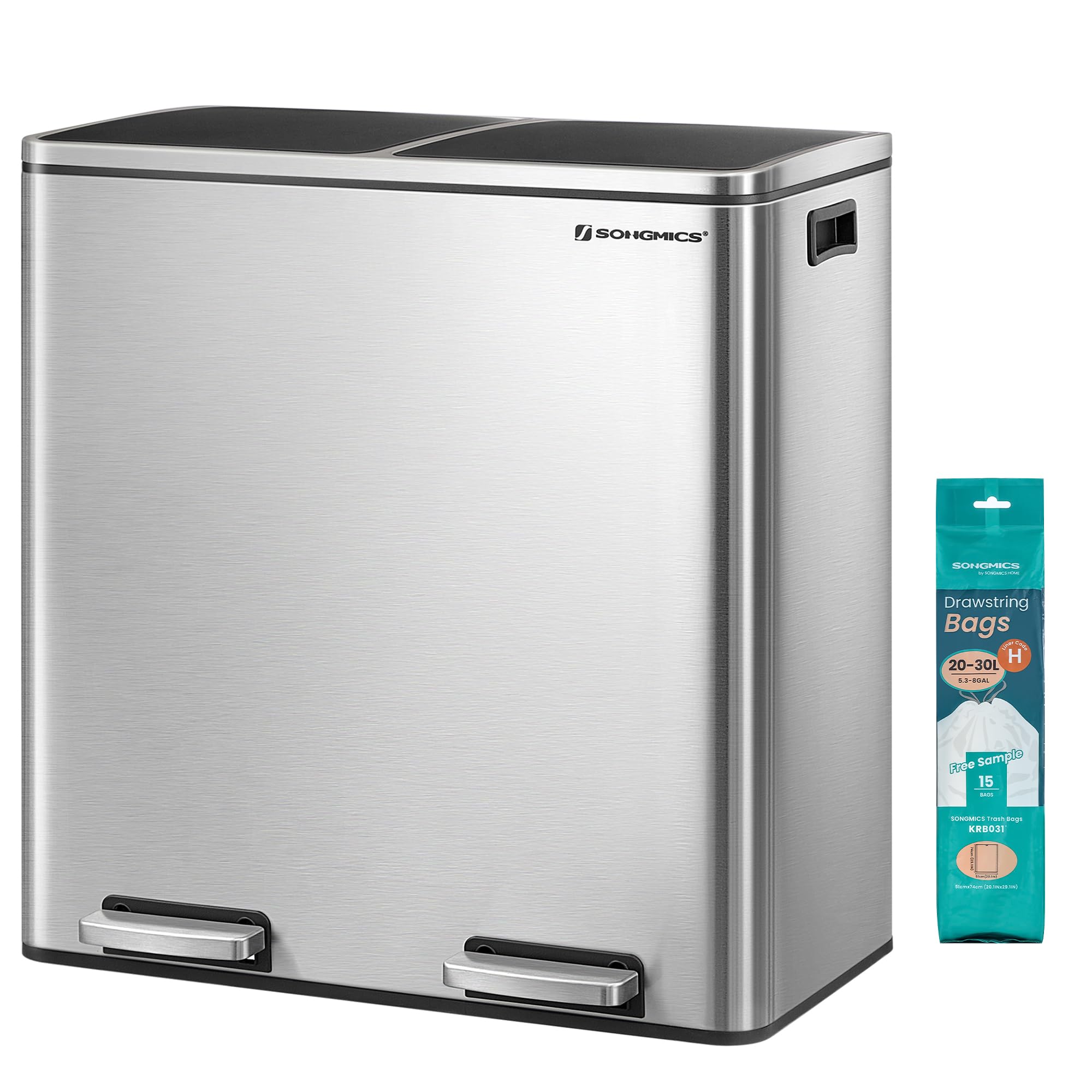 SONGMICS Dual Rubbish Bin, Metal Recycling Bin with 15 Rubbish Bags, 2-Compartment, with Lids, Pedals, Plastic Inner Buckets, Soft Closure, 2 x 8 Gallons (2 x 30 L), Silver and Black LTB60NL