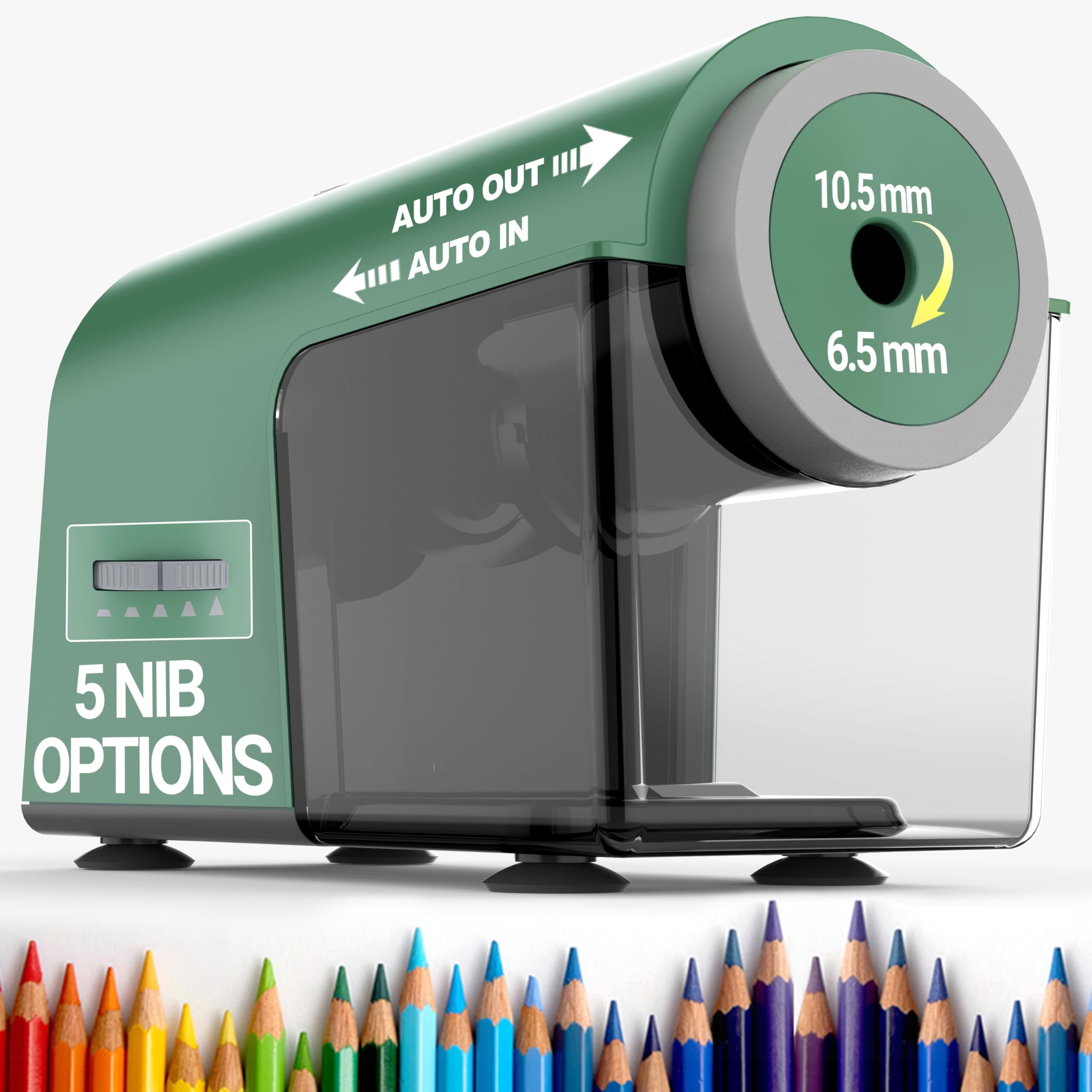 AFMAT Taille-Crayon Électrique Entièrement Automatique Rechargeable avec Réservoir - Plus de 10 000 Utilisations - Taille-Crayon Rapide Haute Performance pour N° 2/Jumbo/Crayons (φ6,5-10,5mm) - Vert