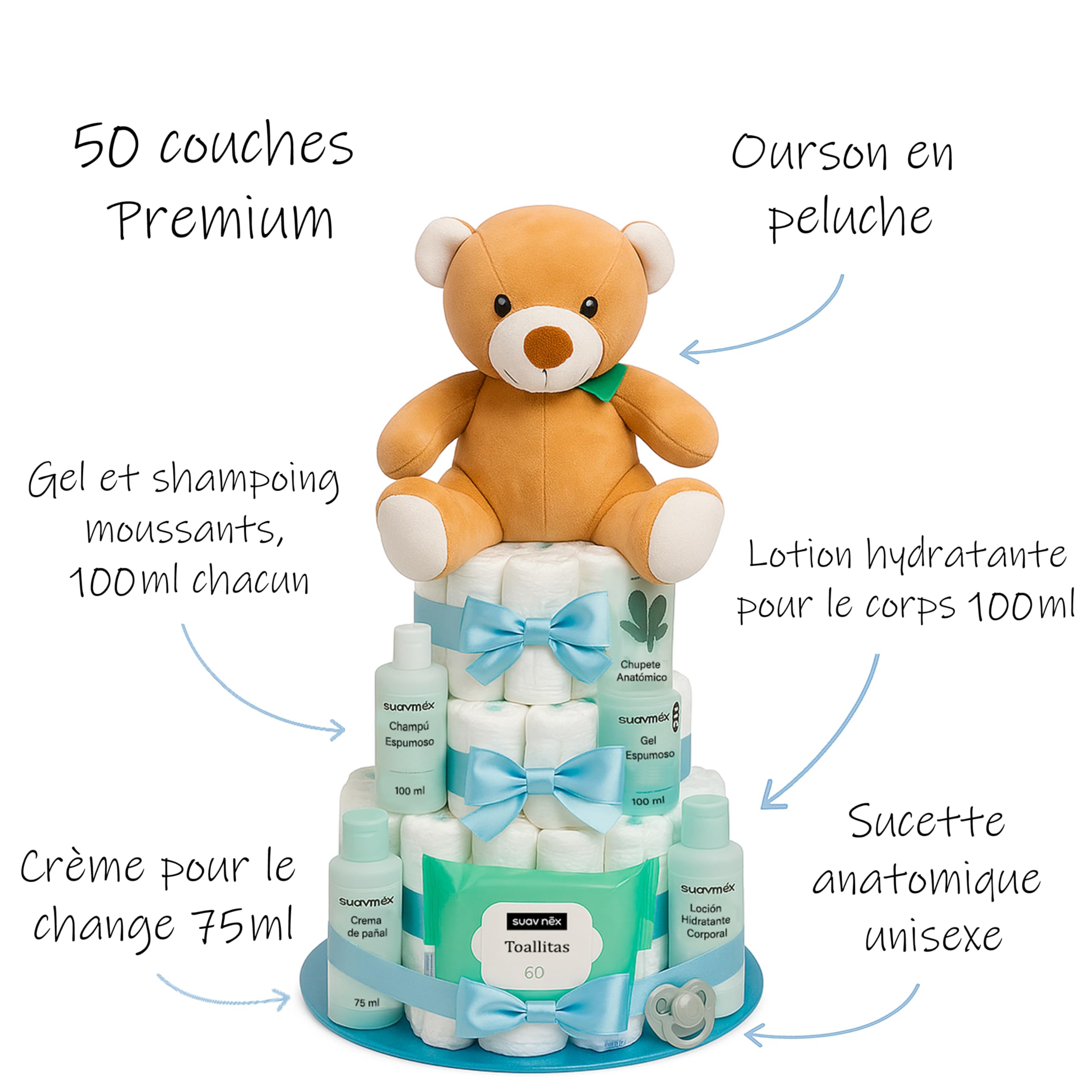 Gâteau de Couches Personnalisé Cadeau Naissance Bébé Fille Garçon Coffret Original Baby Shower Fait Main avec Carte Taille 2