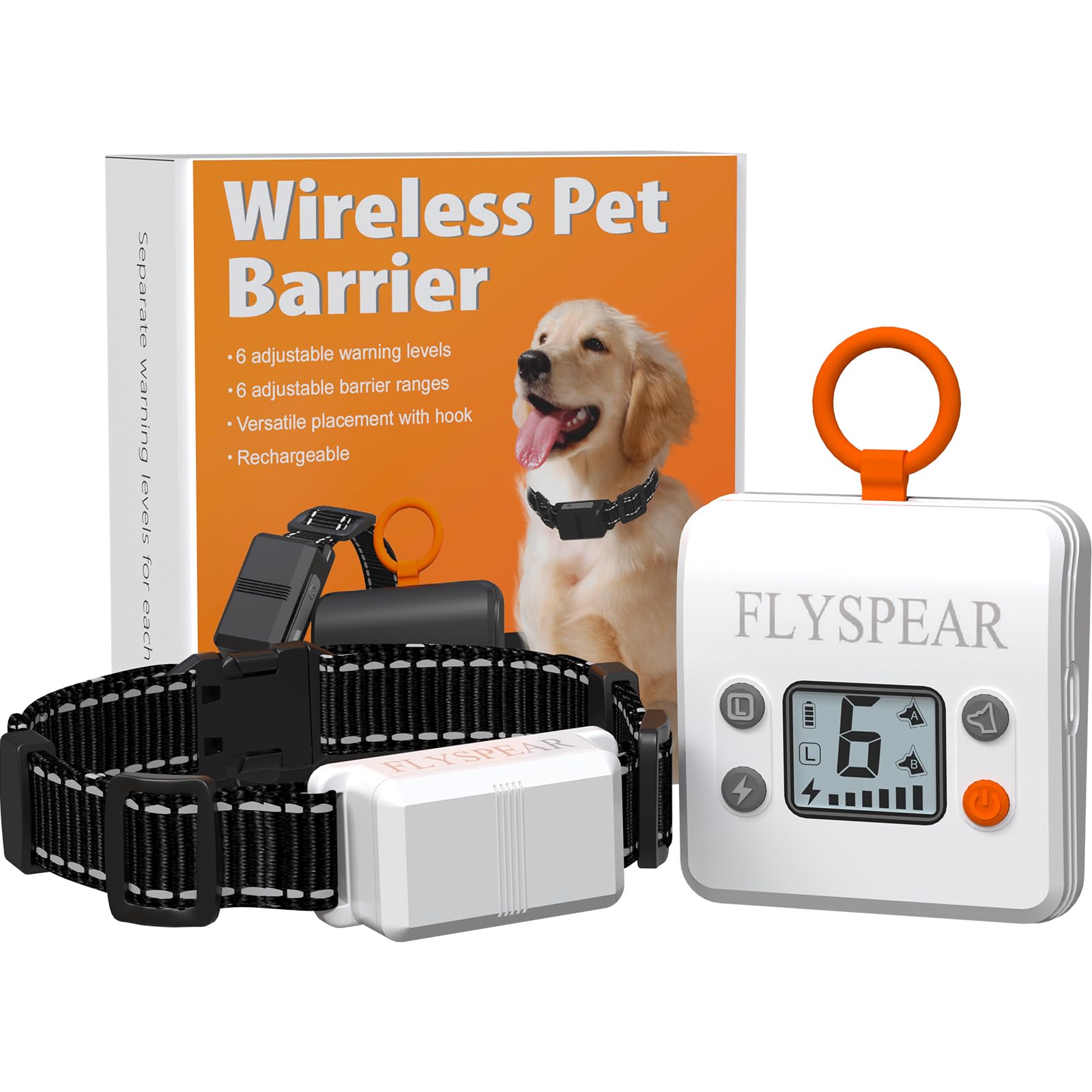 FLYSPEAR Barrera inalámbrica para mascotas, barrera recargable para interiores con 6 radios de rango ajustables de hasta 7 pies, 6 intensidades estáticas seguras ajustables, sistema de valla eléctrica