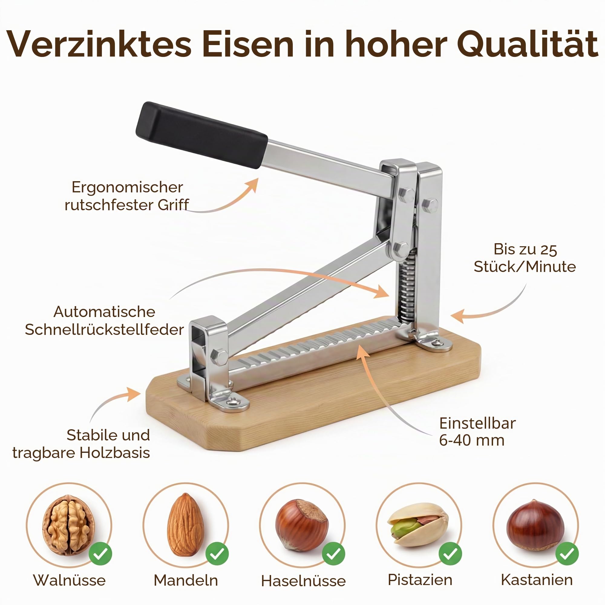 pelamatic - Nussknacker RAM-002 | Einstellbar für Mandeln & Walnüsse | Kompakt & Dekorativ | Stabil aus Eisen & Holz | Vielseitiger Küchenhelfer, Metal, Eisen Holz