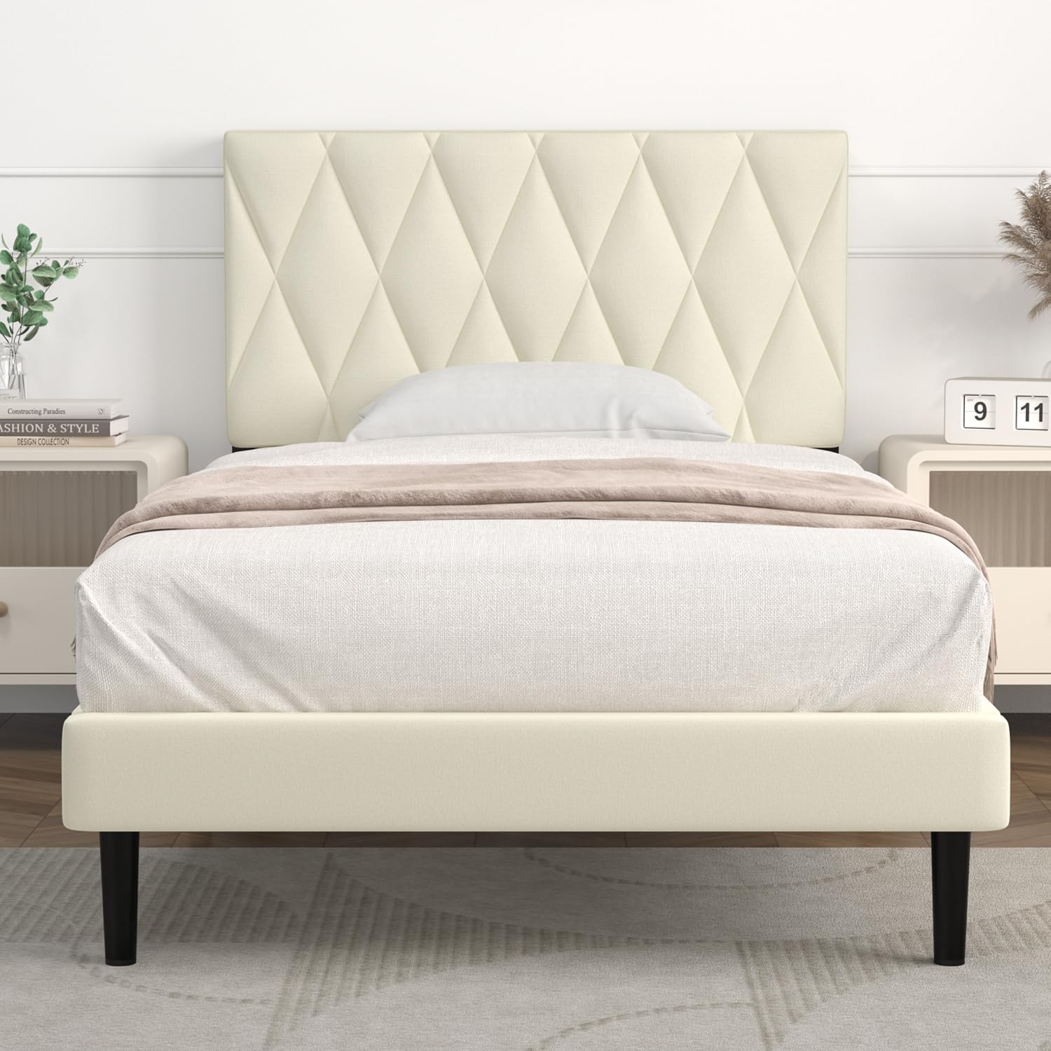 IYEE NATURE Twin Bed Frame Upholstered Platform with Headboard and Strong Wooden Slats, Strong Weight Capacity, Non-Slip and Noise-Free,No Box Spring Needed, Easy Assembly,Beige