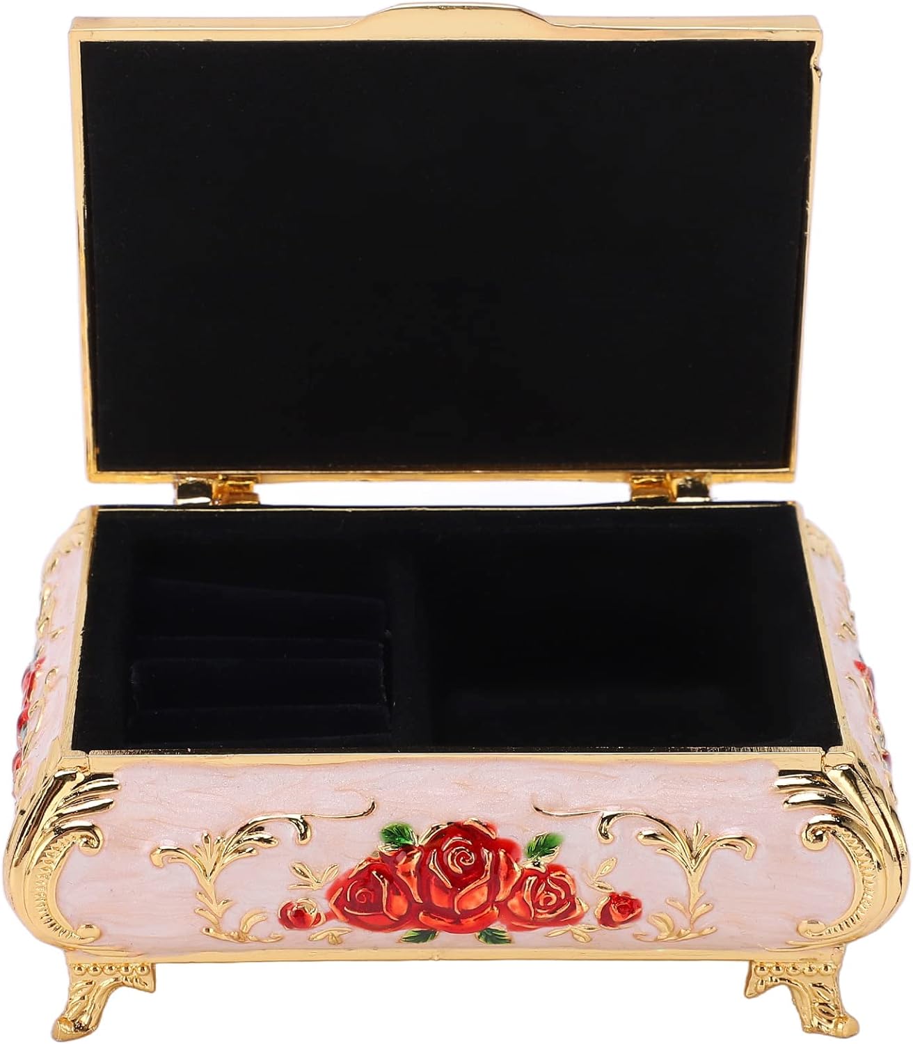 Zerodis Vintage Jewelry Box, Roses Embossed Glossy Small Jewelry Box Vintage Roses Zinc Alloy Soft Velvet Vibrant Colors Glossy for Necklace Earrings Rings Bracelet(Gold White