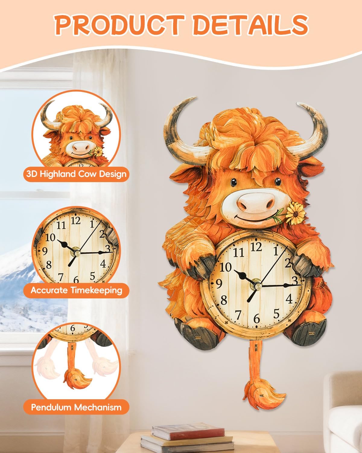 3D Puzzles for Adults, Highland Cow Clock Kit with Pendulum, 3D Wooden Puzzles Model Kit Home Decor DIY Wall Clock Birthday Christmas Easter Day Gifts for DIY Lovers
