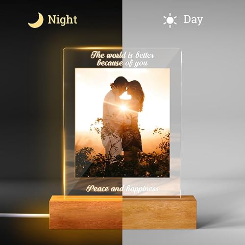 Miniatura 7 de Lámpara de fotos personalizada con luz LED 3D grabada con nombre y palabras, letrero de luz acrílica, soporte de madera, lámpara de mesa para mamá,