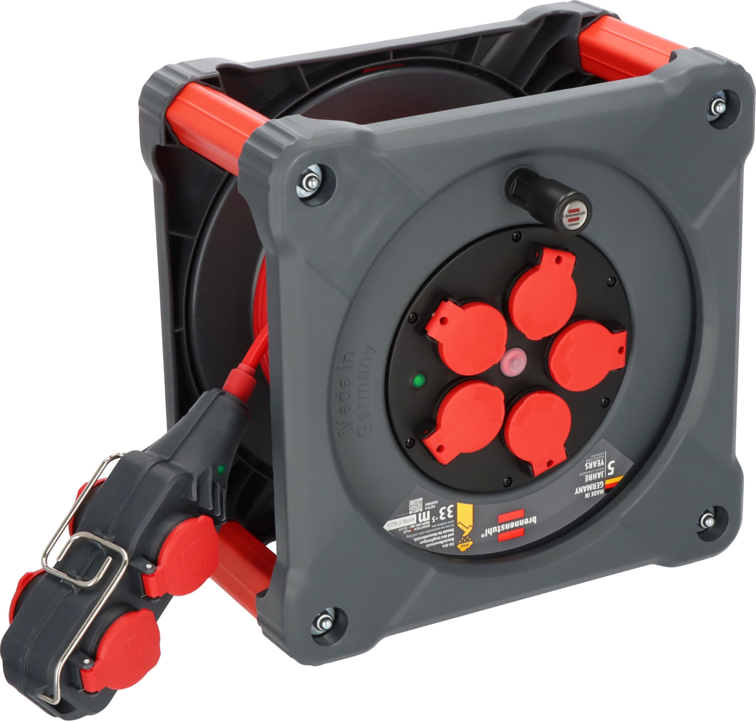 Brennenstuhl Carrete de cable profesional para construcción con Powerblock KC 3210 5 (33+5m, cable H07BQ-F3G2,5 en rojo, 5 enchufes, exterior permanente, Made in Germany)