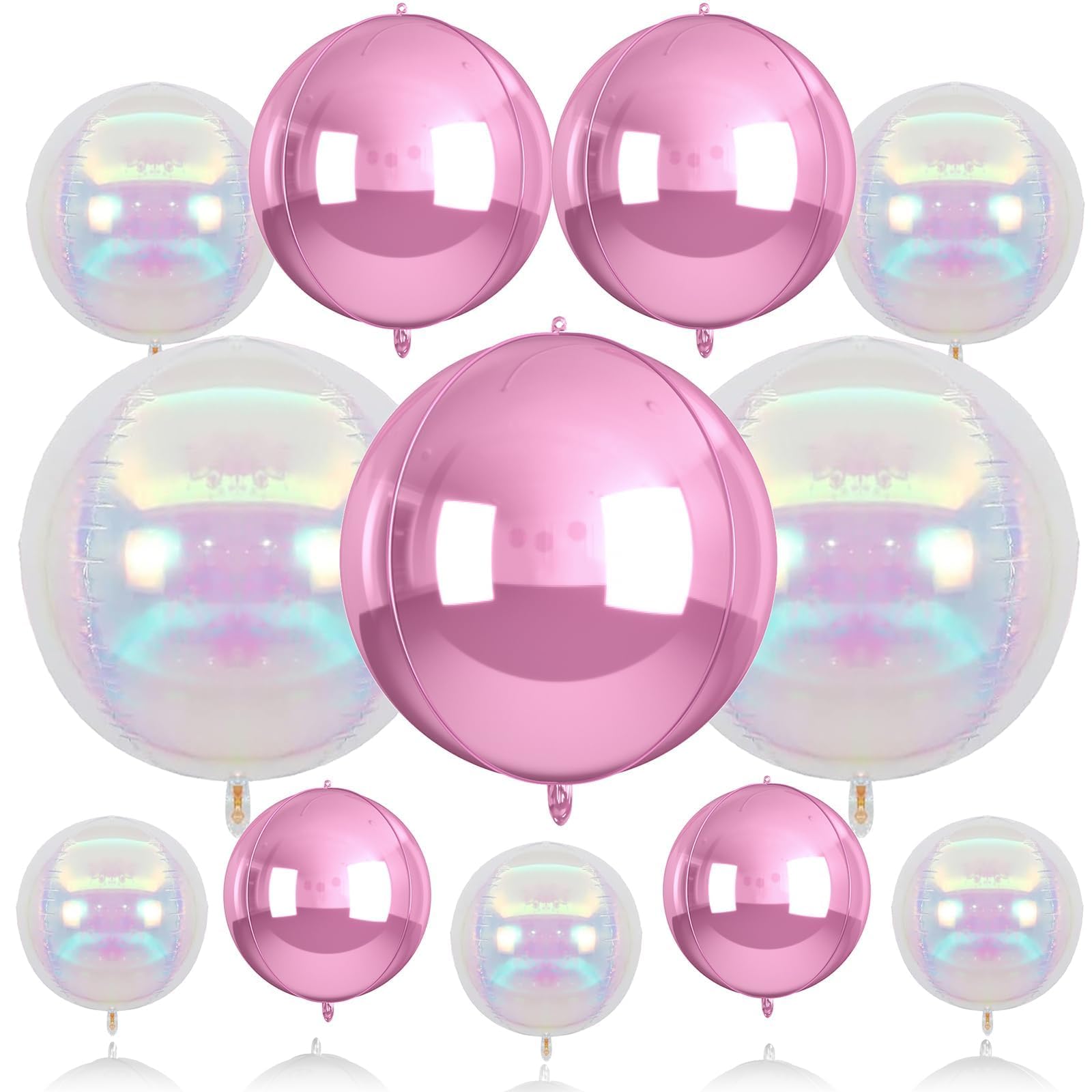 Biapian 12Pcs Pink and Iridescent Round Balloons Foil, 22" 18" 15" 10" 4D Round Shaped Ball Balloon, Large Pink Bubble Balloons for Wedding Prom Bridal Baby Shower Birthday Party Decorations Backdrop