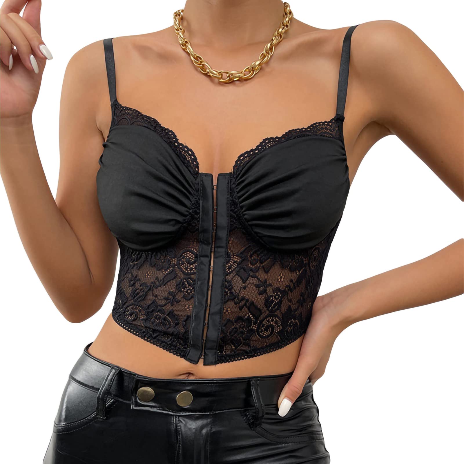 Women's Sexy Lace Corset Crop Top Y2K Sleeveless Spaghetti Strap Cami Tanks Push Up Bustiers Corsets Clubwear |C-Sleeveless Black |M-image-48