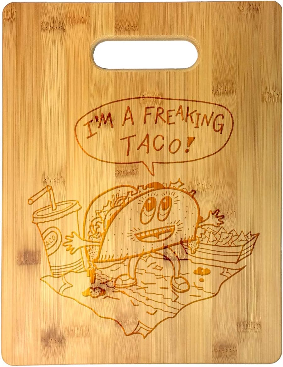 Freakin Taco Funny Mexican Food Cartoon Humor - Laser Engraved Bamboo Cutting Board - Wedding, Housewarming, Anniversary, Birthday, Father's Day, Gift
