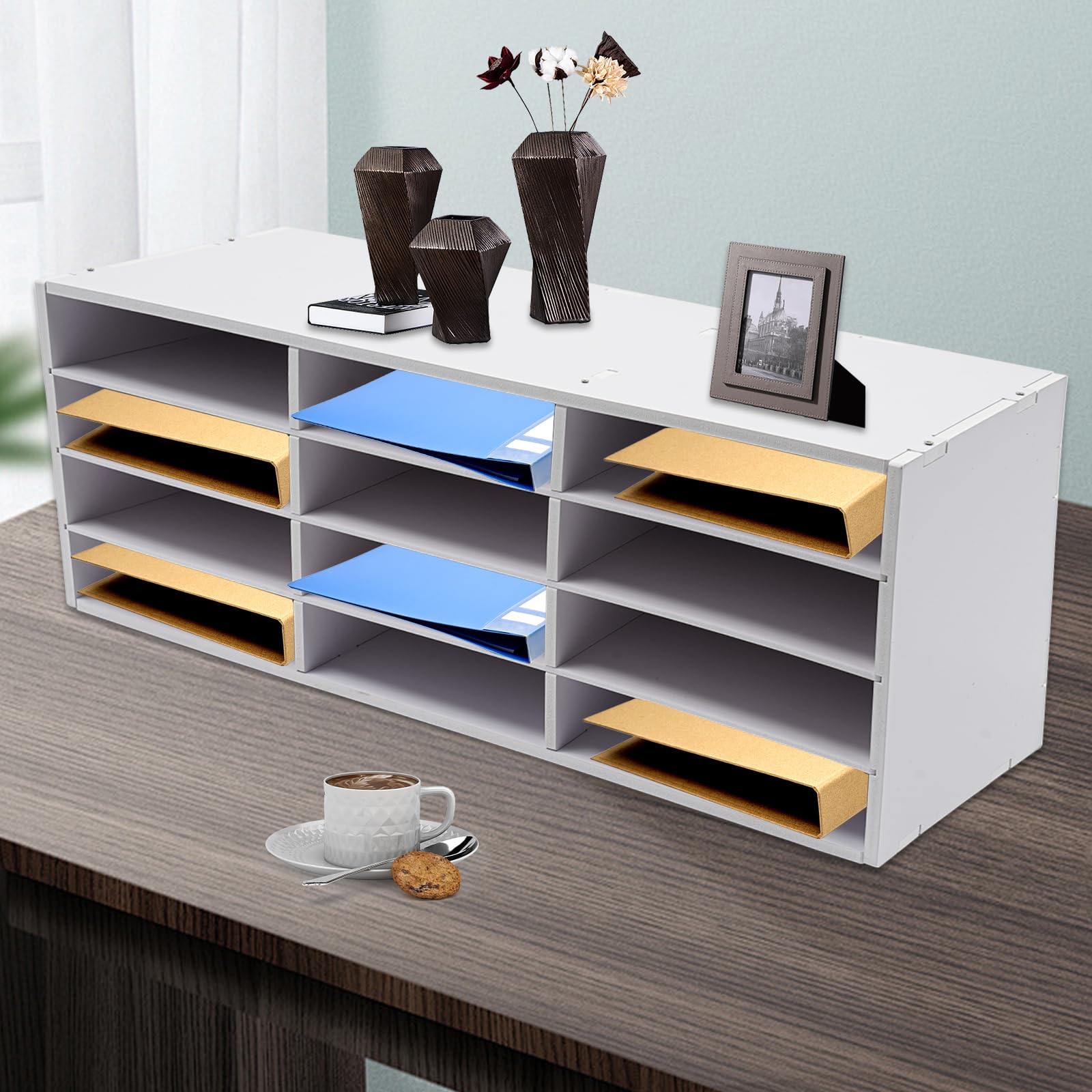 12 przegródek, organizer na dokumenty biurowe z PCW, wolnostojący organizer na biurko, półka na dokumenty, stojak na czasopisma, regał poziomowy, 80 x 30,8 x 30 cm (biały)
