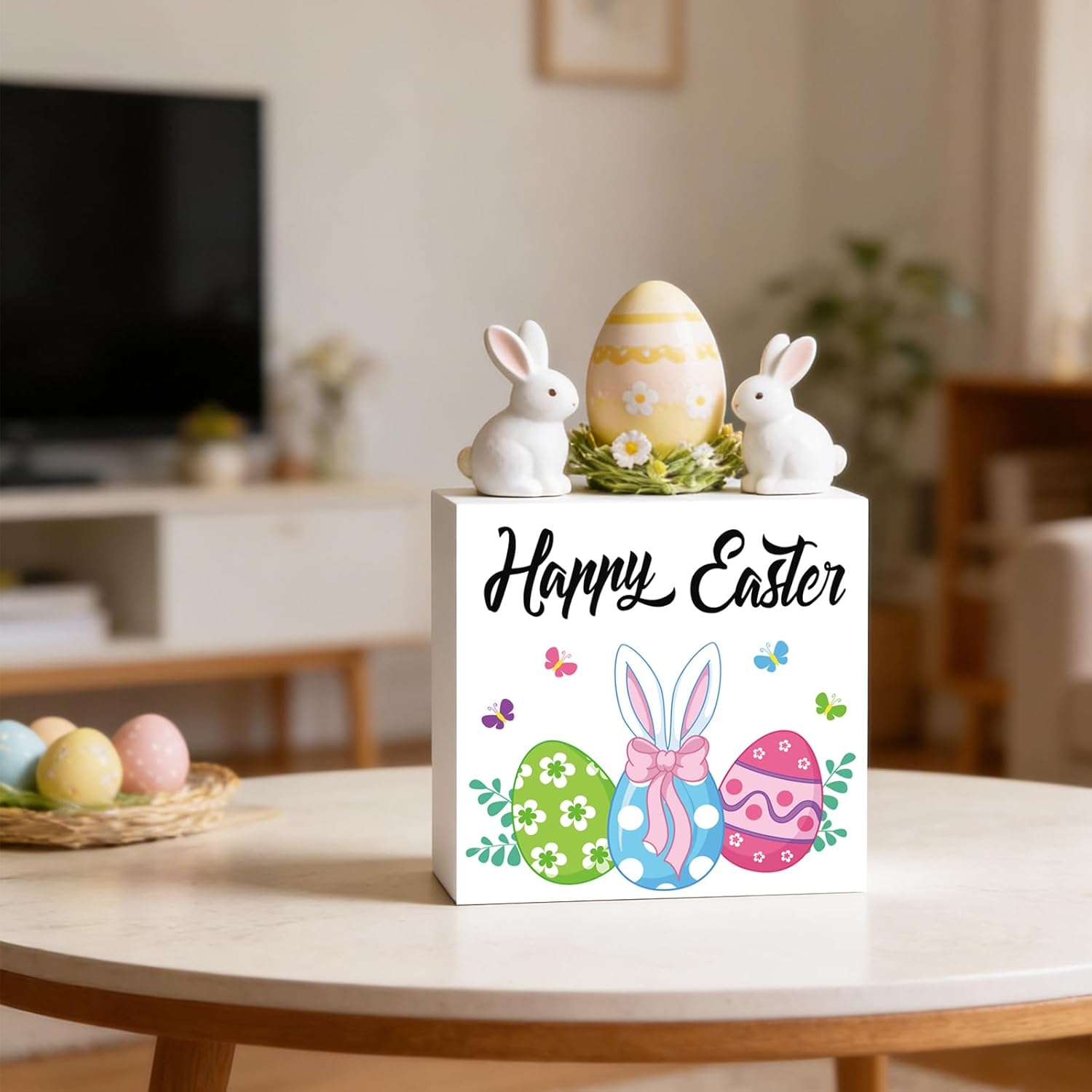 YUNKKIN Easter Table Decorations Easter Decorations Indoor Bunny Eggs Home Room Office Bathroom Wood Box Sign Rustic Wooden Shelf Desk Decor Season Sign House Warming Gifts 5.9 x 5.9 Inch