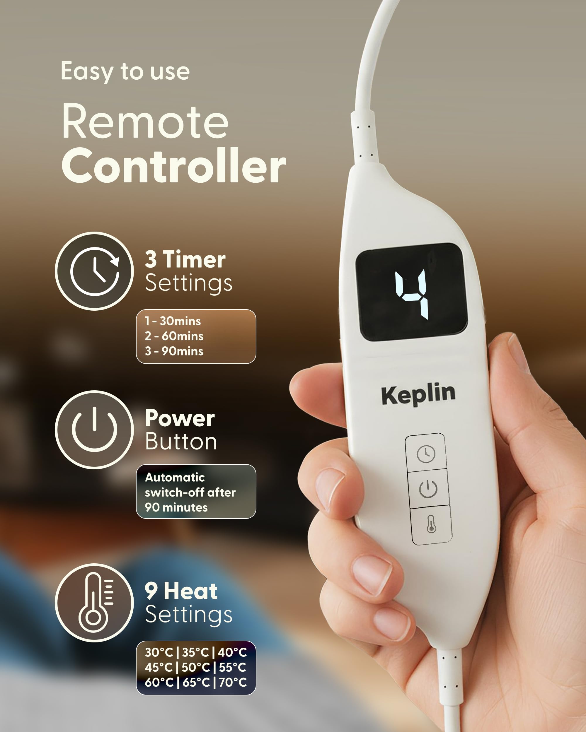 Keplin - Cojín térmico eléctrico para espalda y hombros, 60 x 100 cm, franela súper acogedora, 9 ajustes de calor y protección contra sobrecalentamiento, 3 modos de temporizador (30/60/90 minutos