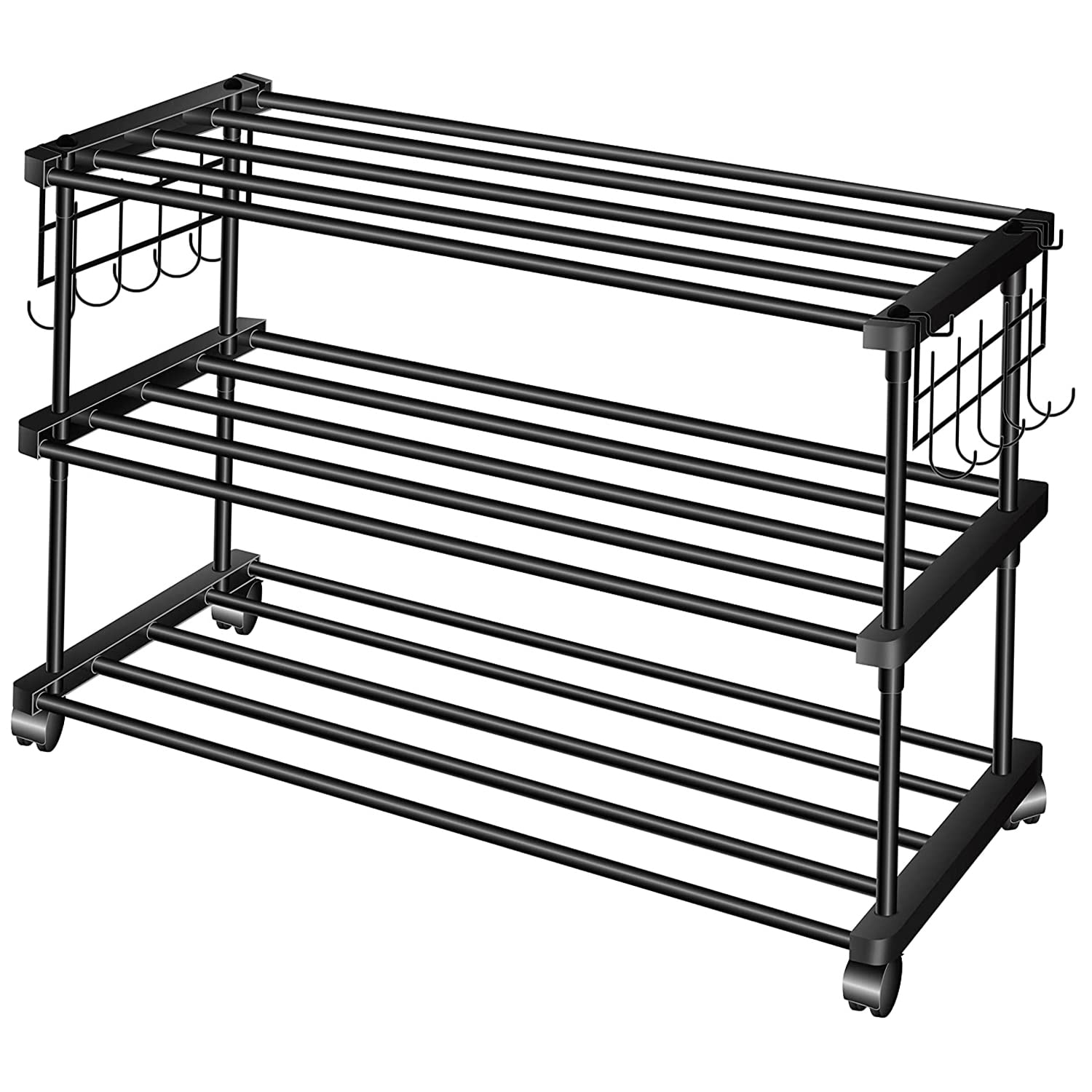 LEOPAX Shoe Rack, Multi Pairs Shoe Storage Organizer, 3 Tiers Shoe Stand, Easy Assembly Stackable Sturdy Shoe Tower with 2 Hooks, Metal Shoe Shelf for Entryway,Bedroom Black (85 x 31 x 56CM)