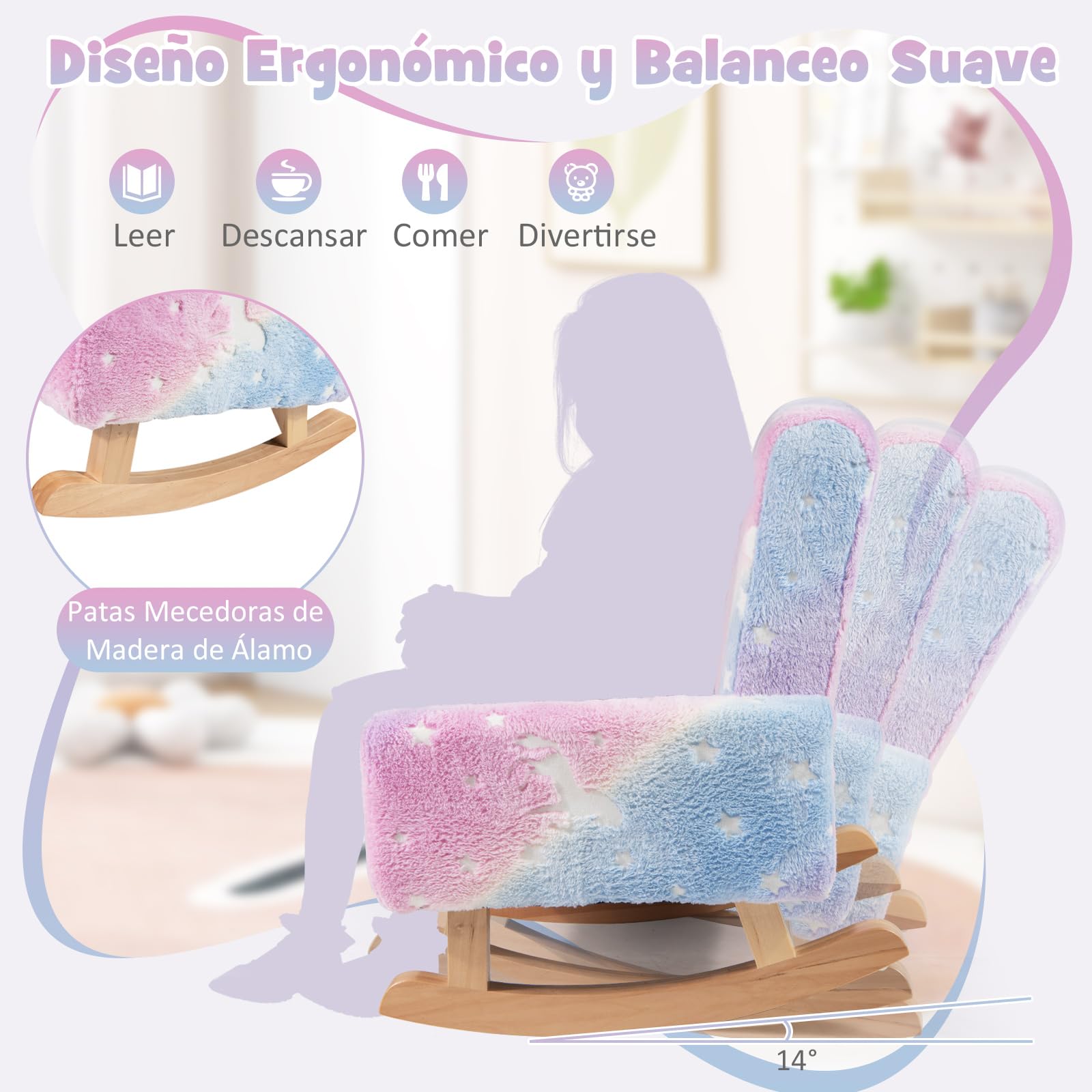 COSTWAY Silla Mecedora para Niños, Sillón Infantil Tapizado en Franela con Patas de Madera de Álamo,Brilla en la Oscuridad, Respaldo y Reposabrazos Cómodos, Sillón Balancín para Niños para Dormitorio