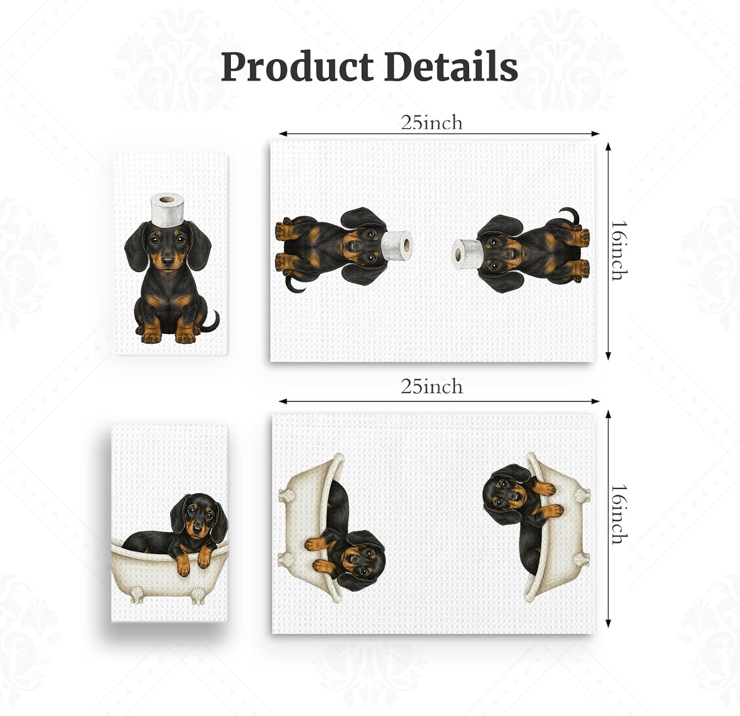 Dachshund Dog Kitchen Towels Set of 2 | Set of 2 16x24 in Dachshund towels with bath and toilet paper design for soft absorbent kitchen or bathroom decor.