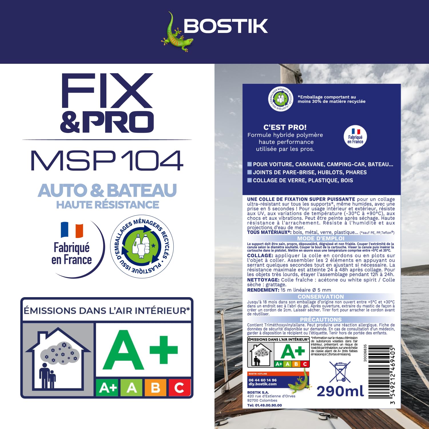 Bostik FIXPRO MSP 104 Dichtstoff für Auto und Boot, Klebstoff und Dichtung, alle Materialien, wetterfest, seewasserbeständig, Hybrid-Polymer-Dichtstoff, Farbe: Weiß, 1 Kartusche 290 ml