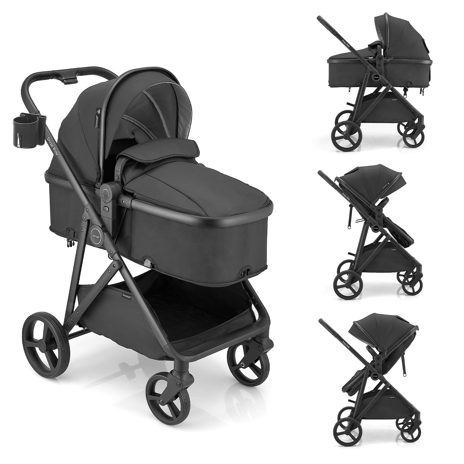 Gromast Cochecito 3 en 1, cochecito convertible para recién nacidos y niños pequeños con asiento reversible, capota con protección UPF 50+ y portavasos - Negro