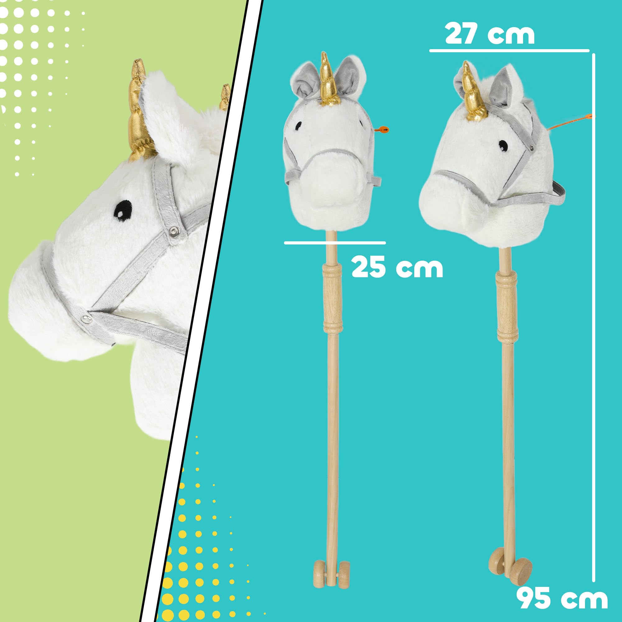 AIYAPLAY Cabeza de Caballo con Palo de Madera, Diseño Unicornio, Sonidos y Ruedas, Caballo de Juguete, 95 cm de Altura, Blanco