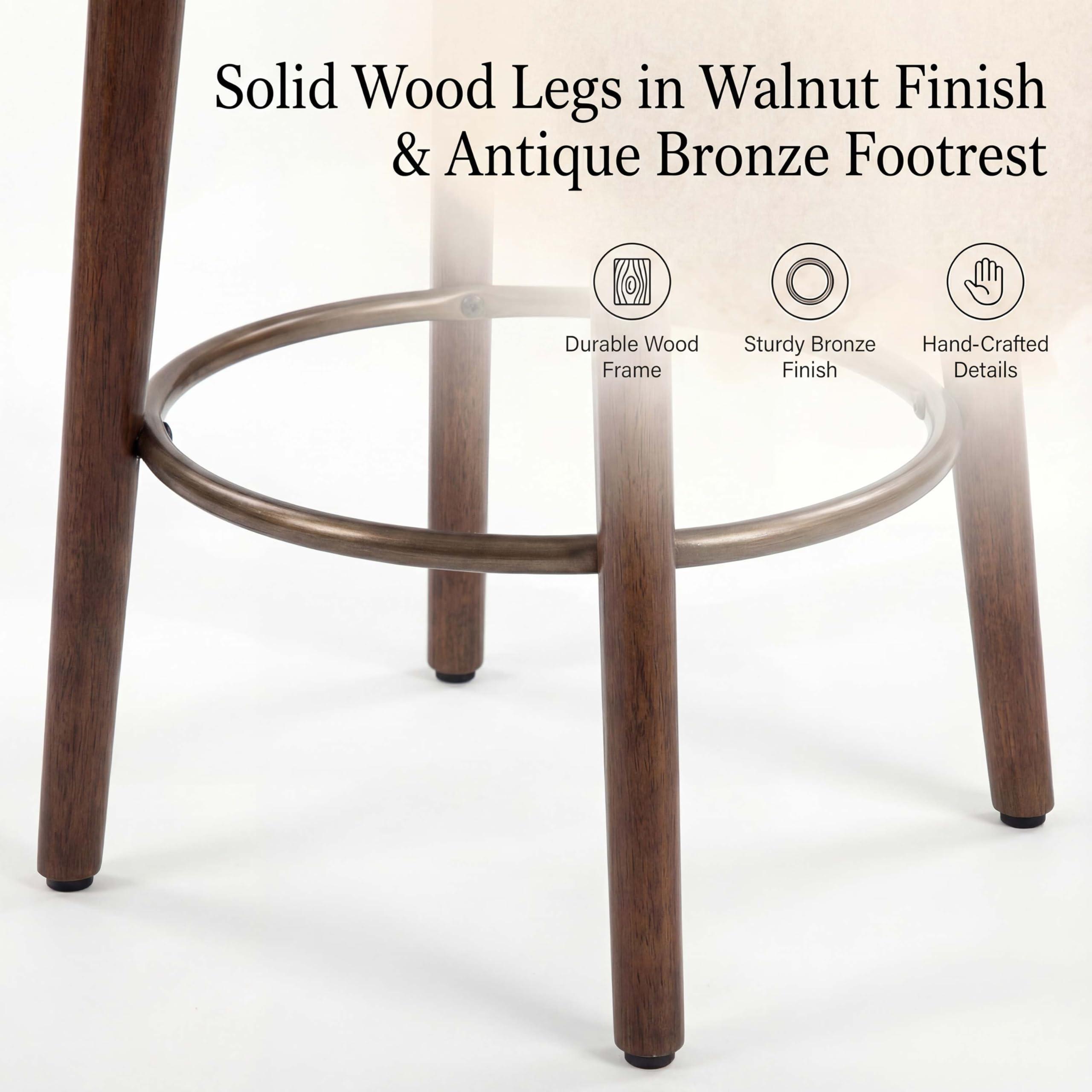 Set of 2 Chenille Bar Stools, 68cm Counter Height Upholstered Kitchen Bar Chairs with Solid Wood Legs, Modern Kitchen Island Stools for Breakfast Counter, Dining Room, Home Bar, Beige — view 5